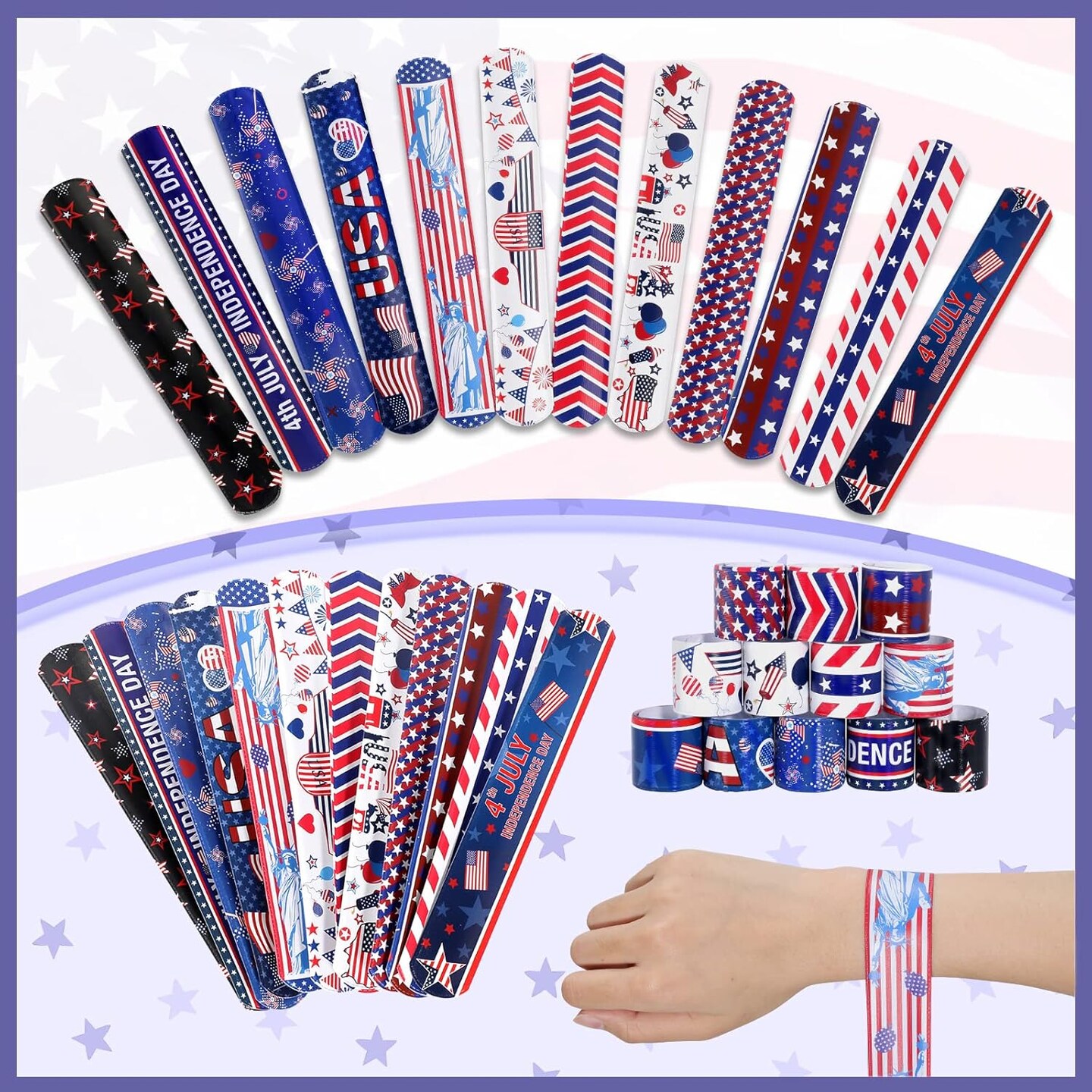 48pcs 4th of July Slap Bracelets Toys for Kids 4th of July Party Favors