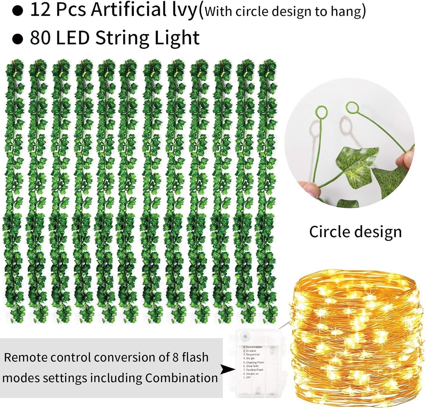 84Ft 12 Pack Artificial Ivy Leaf Plants Vine with 80 LED String Light