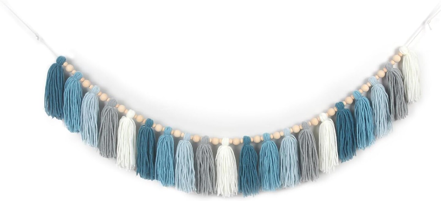 Yarn Tassel Garland with Wood Beads Boho Bunting Banner Wall Hanging(Light Blue)