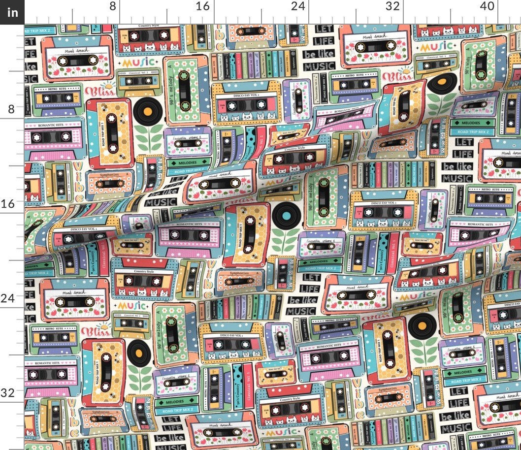 Vintage Retro Music 80S 90S Hipster Tape Cassette Modern Colorful Mix Novelty Large Scale Flowers Hearts Cats Bohemian Eclectic Boho Custom Printed Fabric by Spoonflower Various Fabrics by the Yard or Fat Quarter