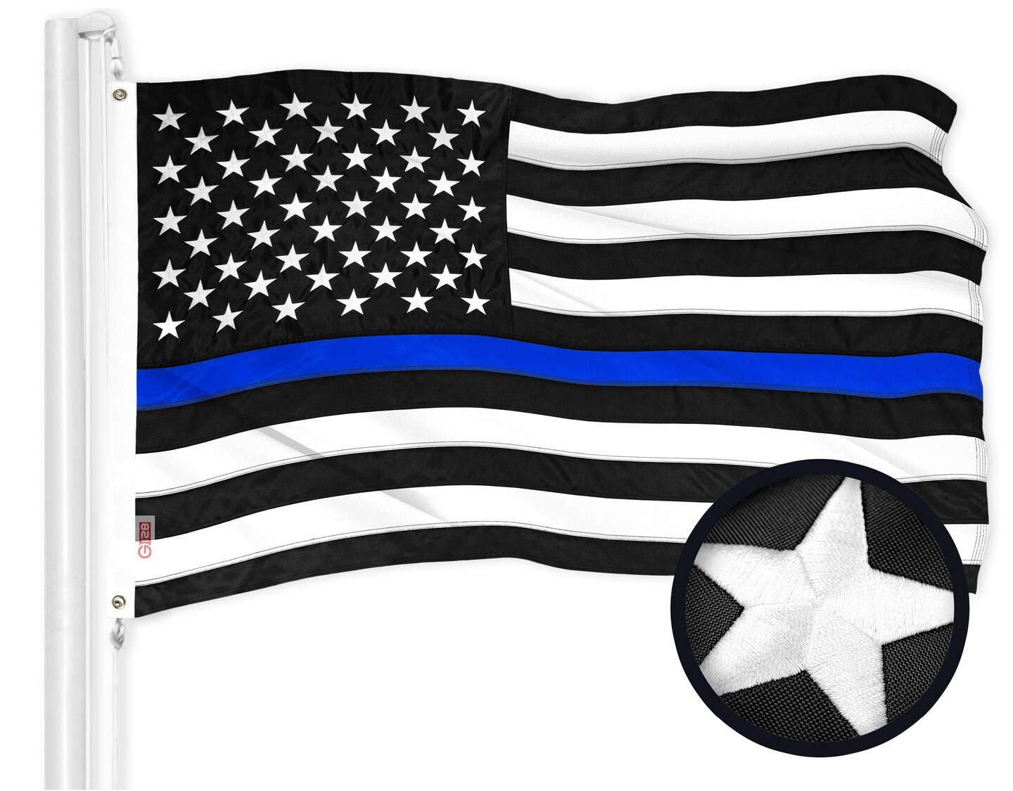G128 Thin Blue Line Flag | 1x1.5 Ft | ToughWeave Series Embroidered 300D Polyester | Duty and Honor Flag, Embroidered Design, Indoor/Outdoor, Brass Grommets