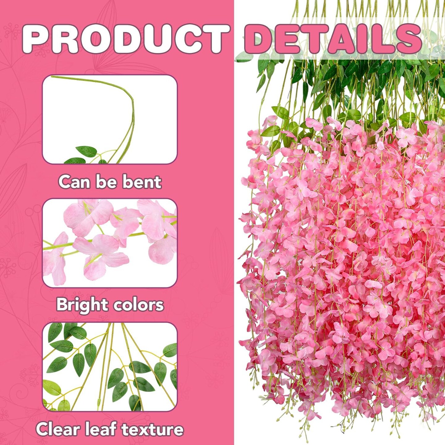 Wisteria Hanging Flowers,Fake Hanging Flowers,Wisteria artificiales Garland for Home Outdoor Decor,3.6 feet Long(50,Pink)