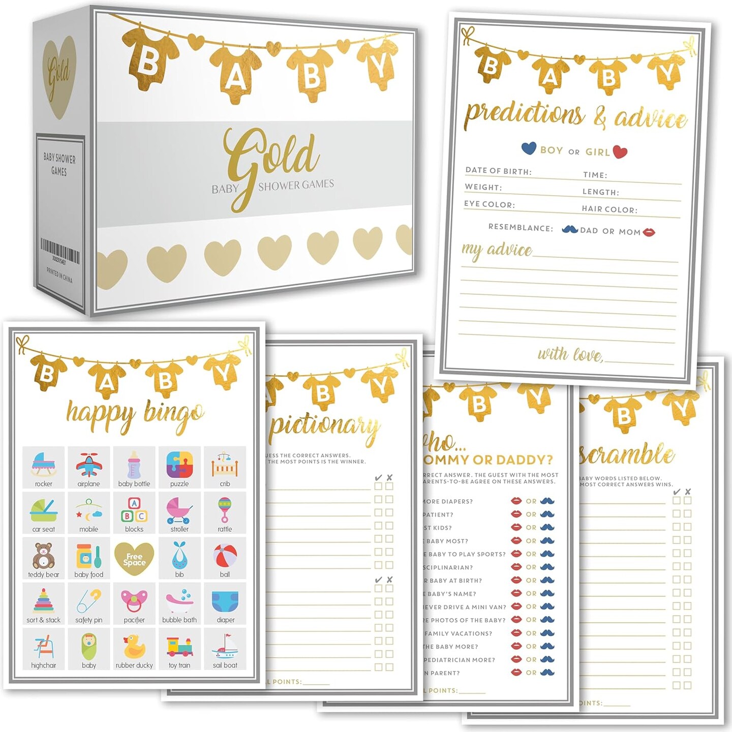 Baby Shower Games for Girl or Boy, 250 pcs 5 Games Activities Cards