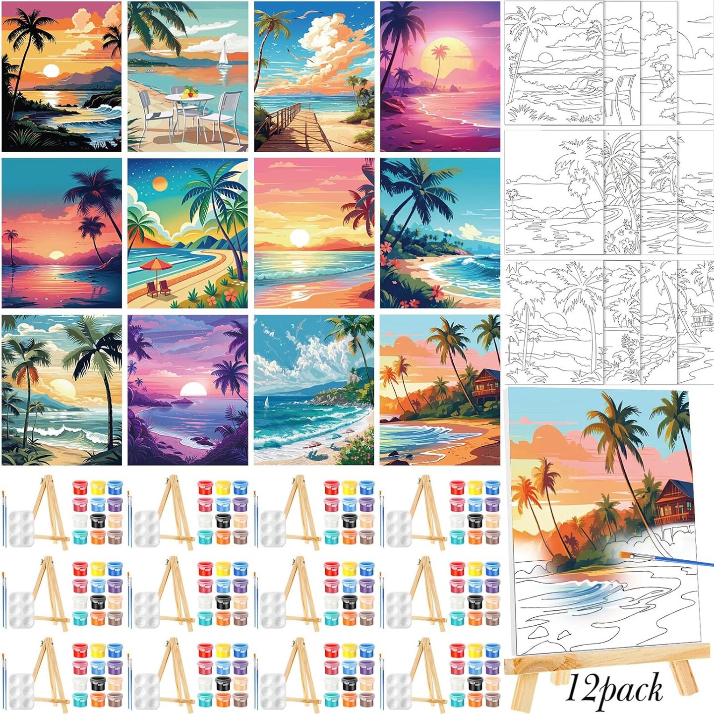 12 Pack Pre Drawn Canvas for Painting Sip and Paint Kit 8" x 10" (Hawaii Landscape)