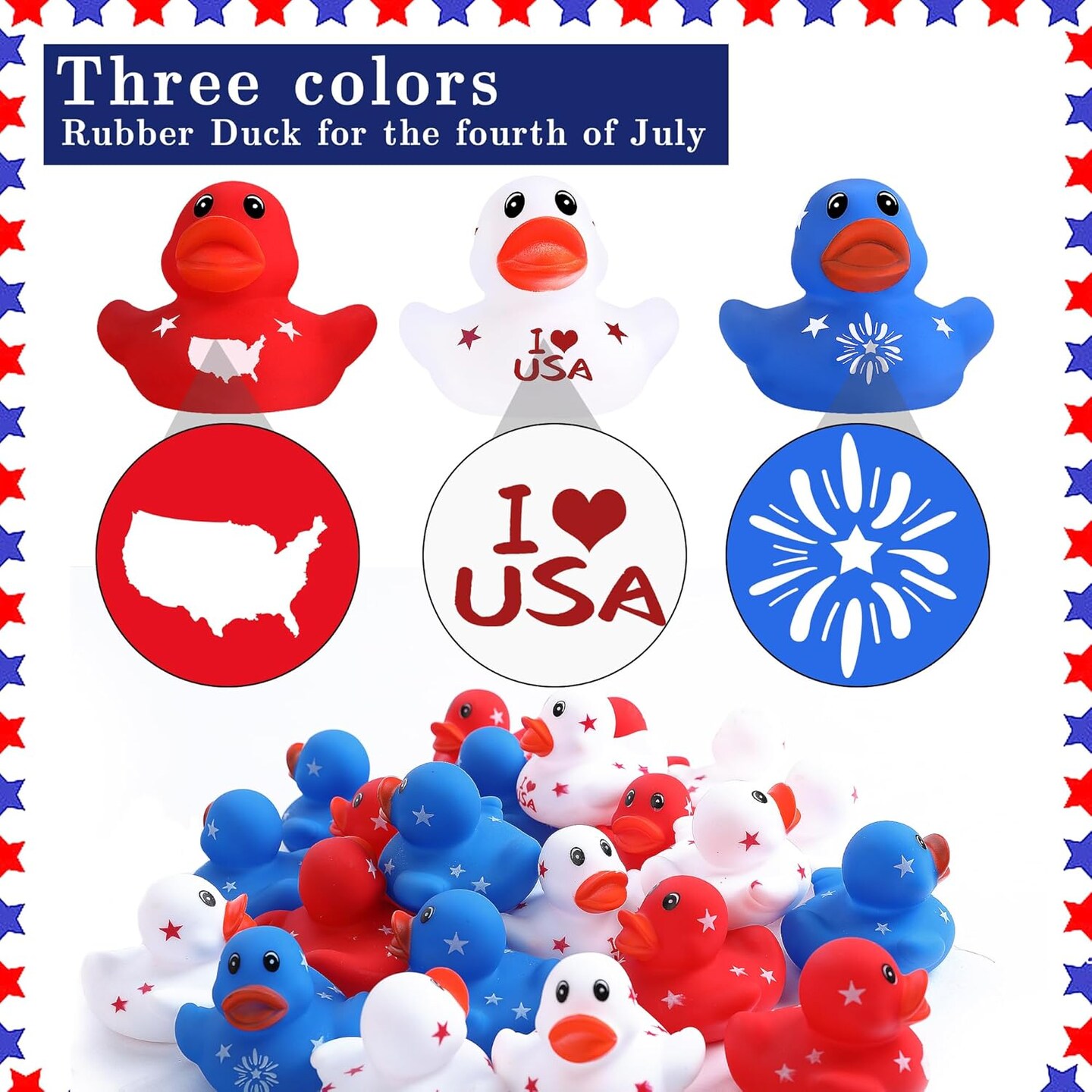 36 Pcs Patriotic Rubber Ducks, 4th of July Rubber Duck,2 Inch Red White Blue Star Float Ducky for Independence Day,Memorial Day Baby Shower Pool Party