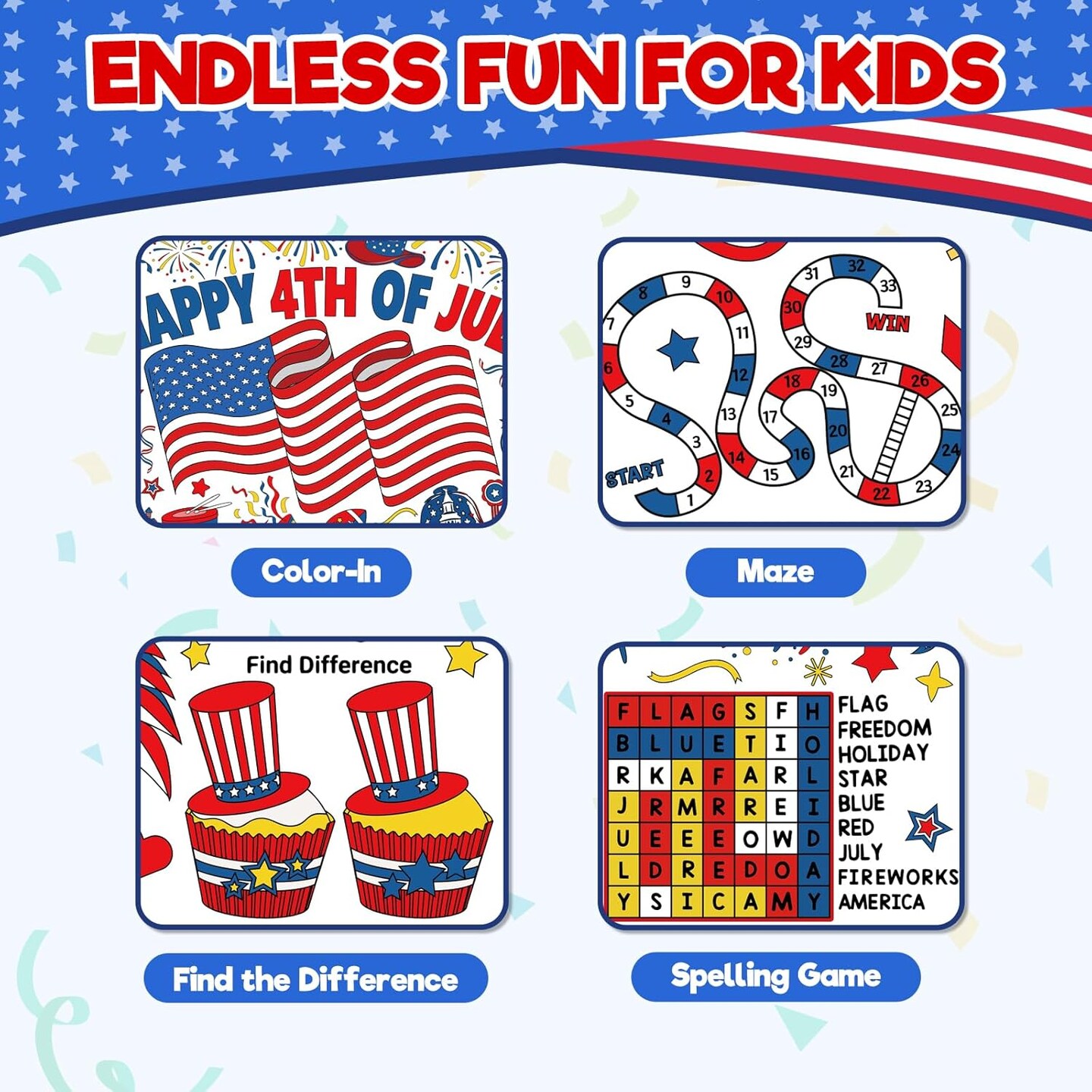 4th of July Coloring Tablecloth Poster Art and Crafts for Kids, Paper Coloring Banner