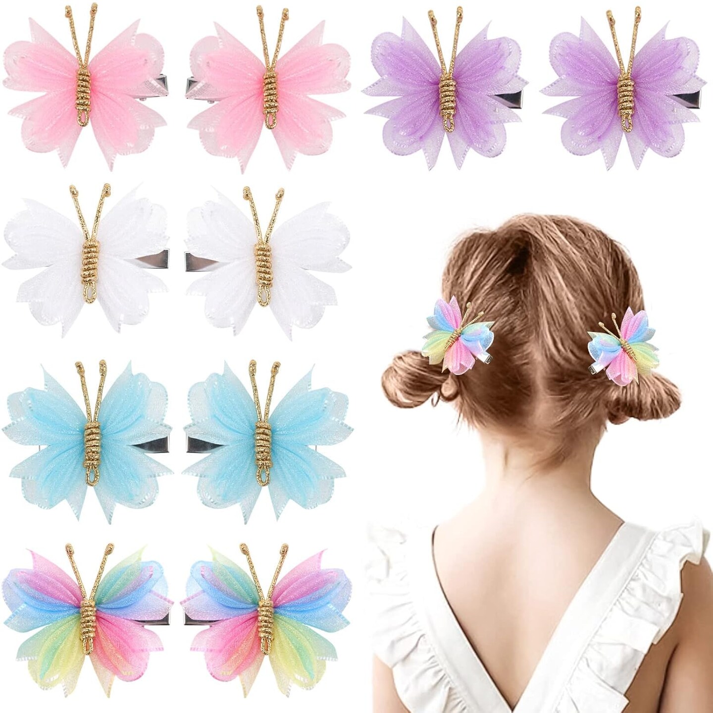 10PCS Mini Butterfly Hair Barrettes Tulle Mesh, Colorful Butterfly Hair Accessories