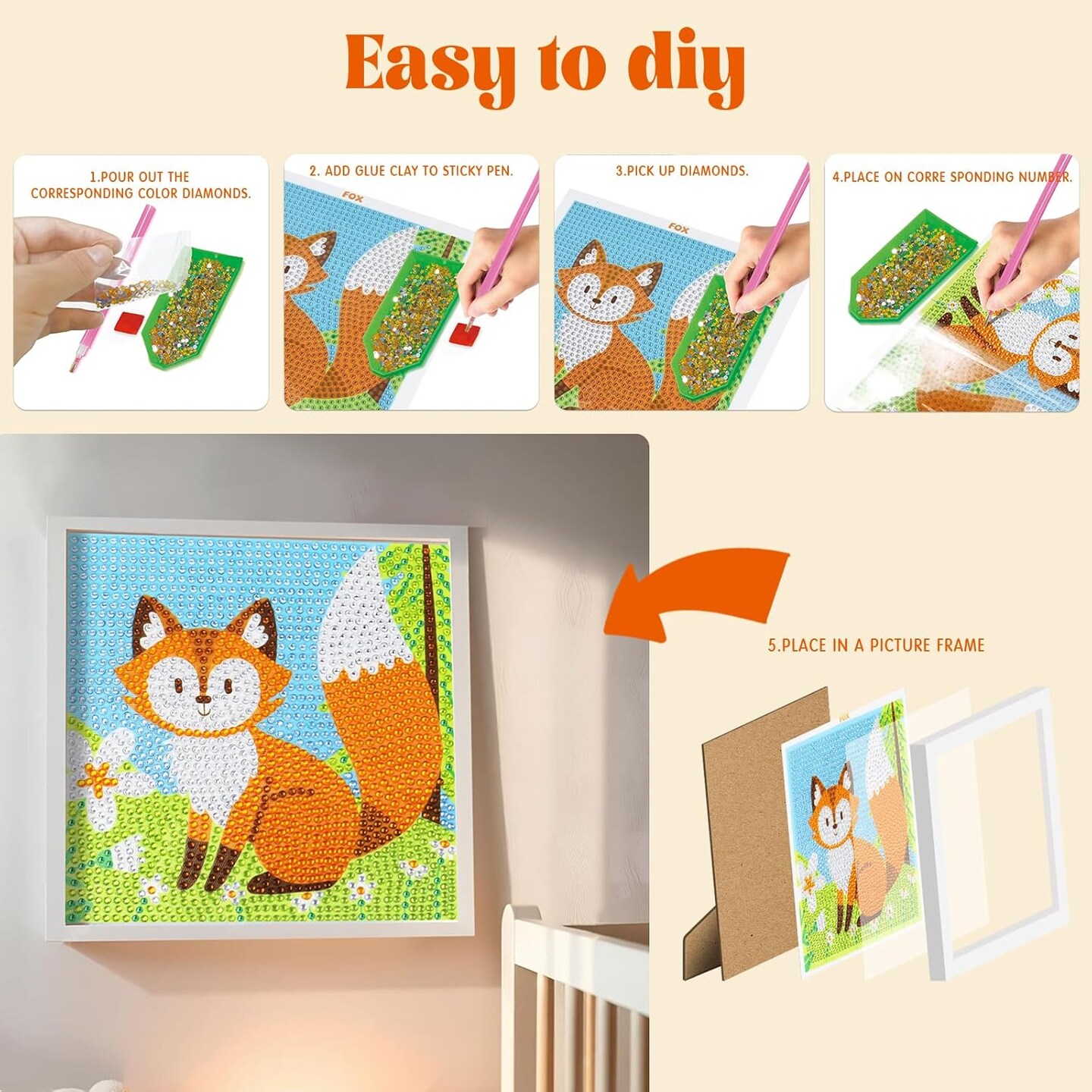 Diamond Painting Kits for Kids 6–12 – 6 Pack (6x6 Inch) with Unicorn, Dinosaur, Turtle & More – Gem Art Set with 21 Colors, Tools & Frames