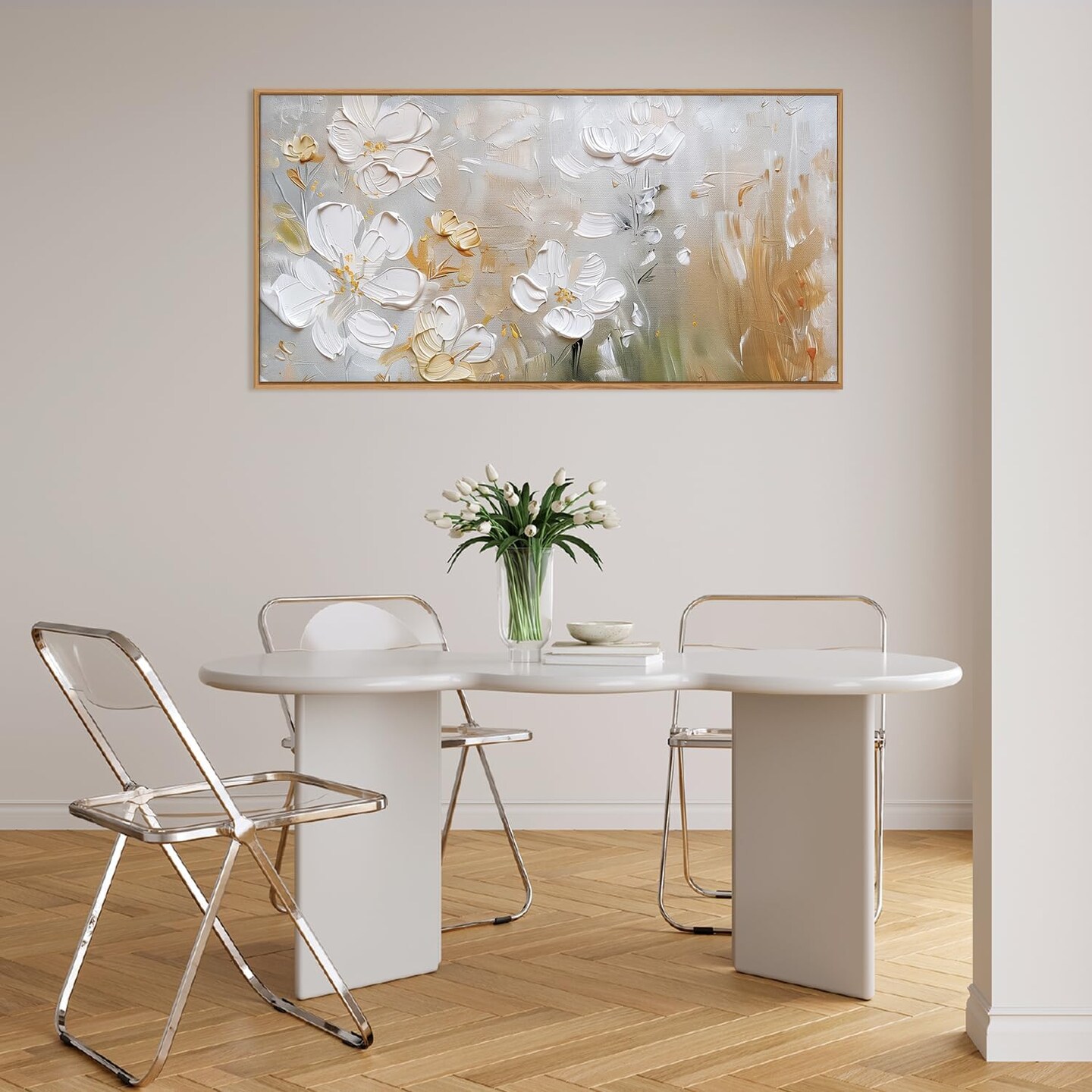 Large Hand-Painted White Flower Framed Wall Art Modern White and Gold Floral (20&#x22;x40)