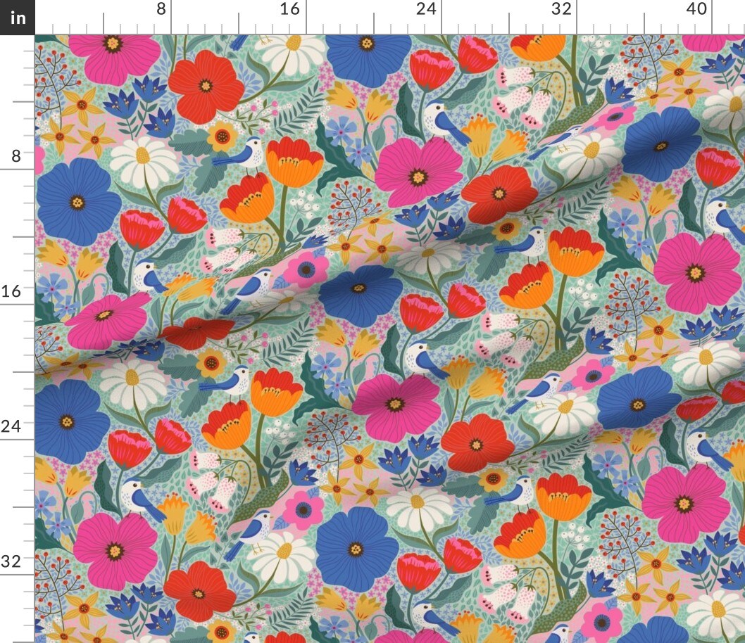 Maximalist Birds Flowers Bohemian Poppy Daisy Summer Spring Cottagecore Pink Blue Green Scandi Scandinavian Leaves Botanical Garden Party Custom Printed Fabric by Spoonflower Various Fabrics by the Yard or Fat Quarter