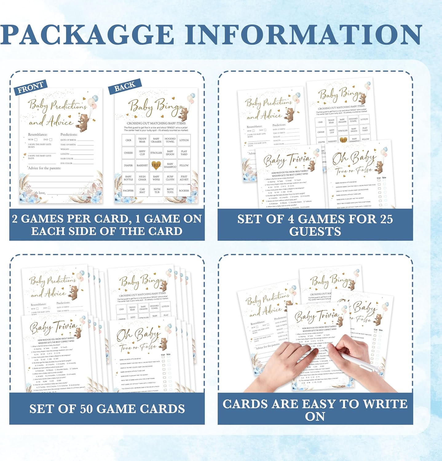 Baby Shower Game, 4 Games for 25 Guests, Baby Predictions and Advice, Baby Trivia, Oh Baby True Or False