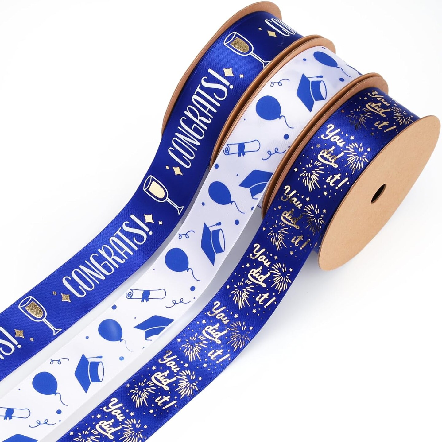 Blue and White Gold Congrats Grad Satin Ribbon - 3 Rolls 1 Inch x 15 ...
