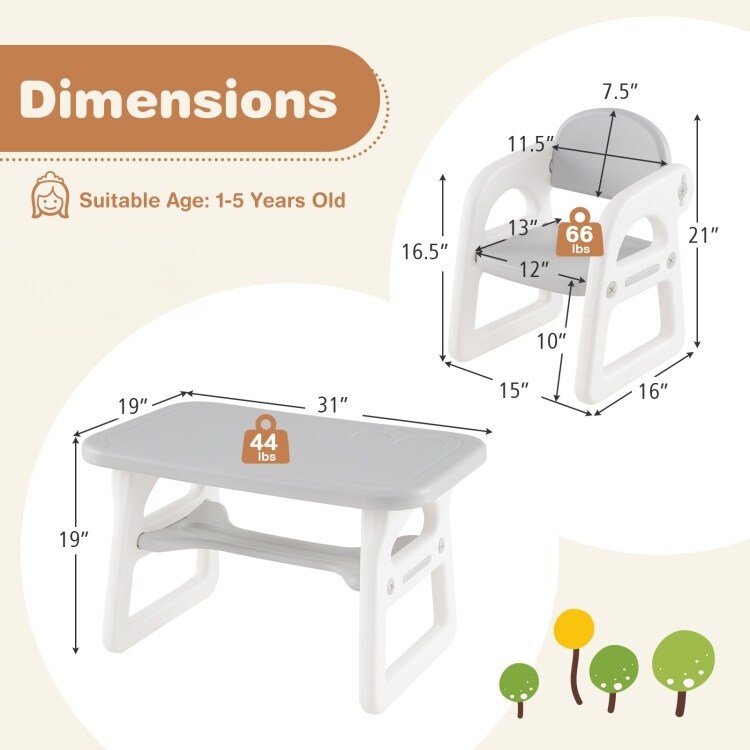 3-Piece HDPE Plastic Activity Table and Chairs Set with Storage Ideal for Kids Room