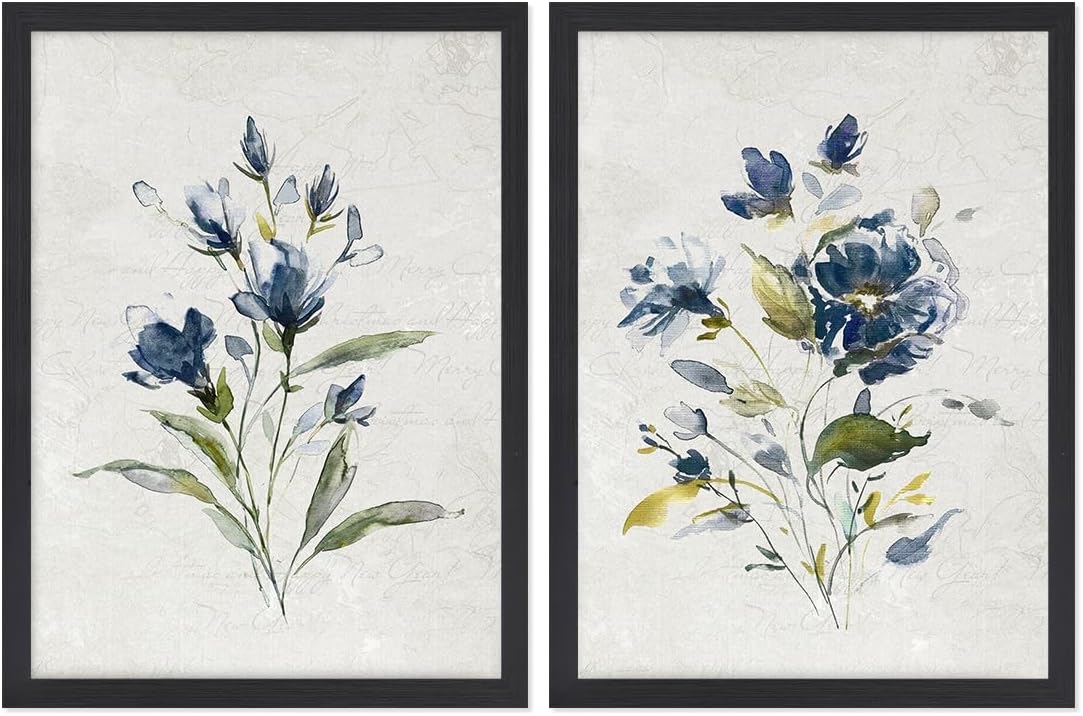Botanical Prints Wildflower Prints Blue Floral Wall Art - Set of 2