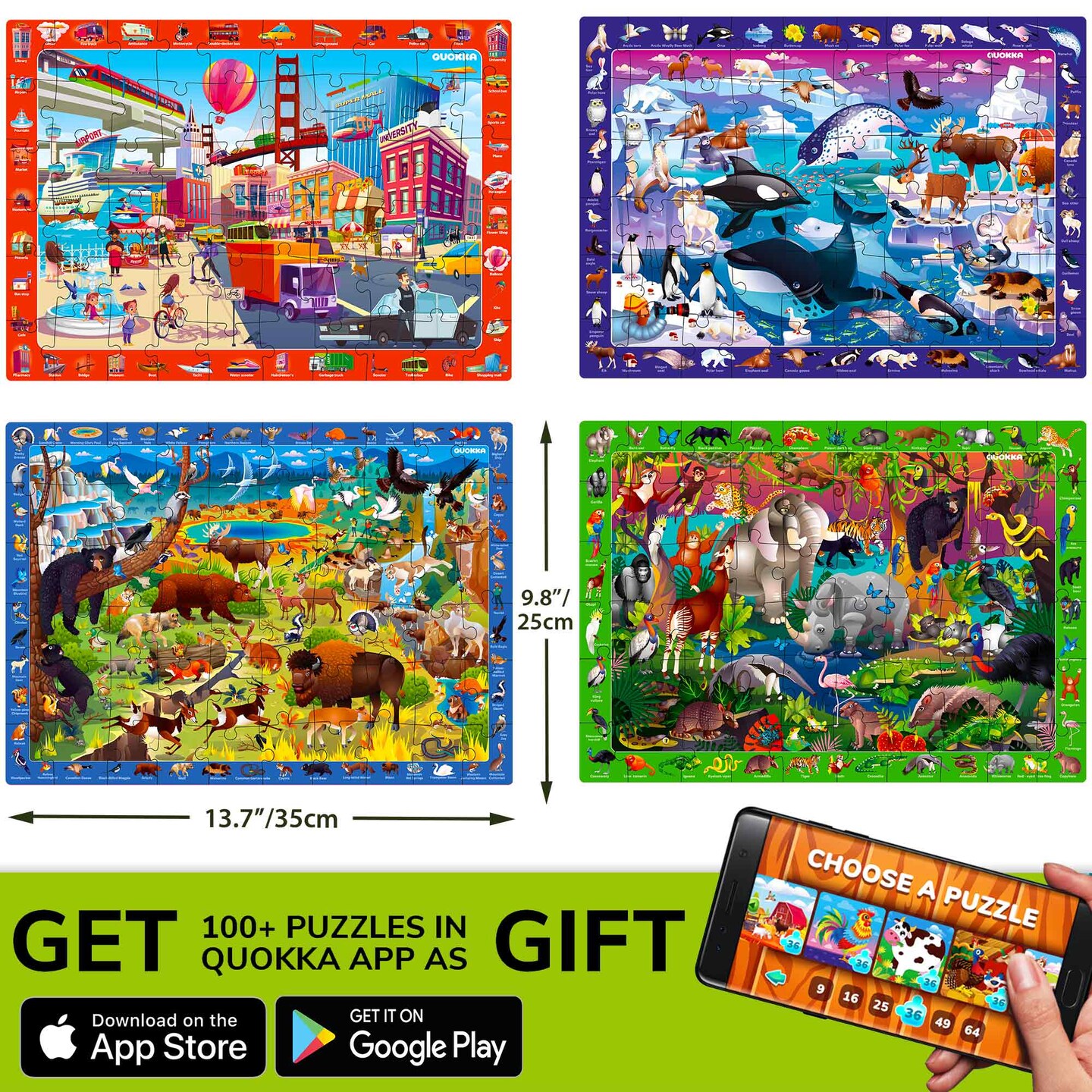 QUOKKA Puzzles for Kids Ages 4-6 - 4 x 60 Puzzles for Toddlers 5-8 - Educational Search & Find Toy for 8-10 yo for Learning Forest Polar, USA National Park Animals & City Life
