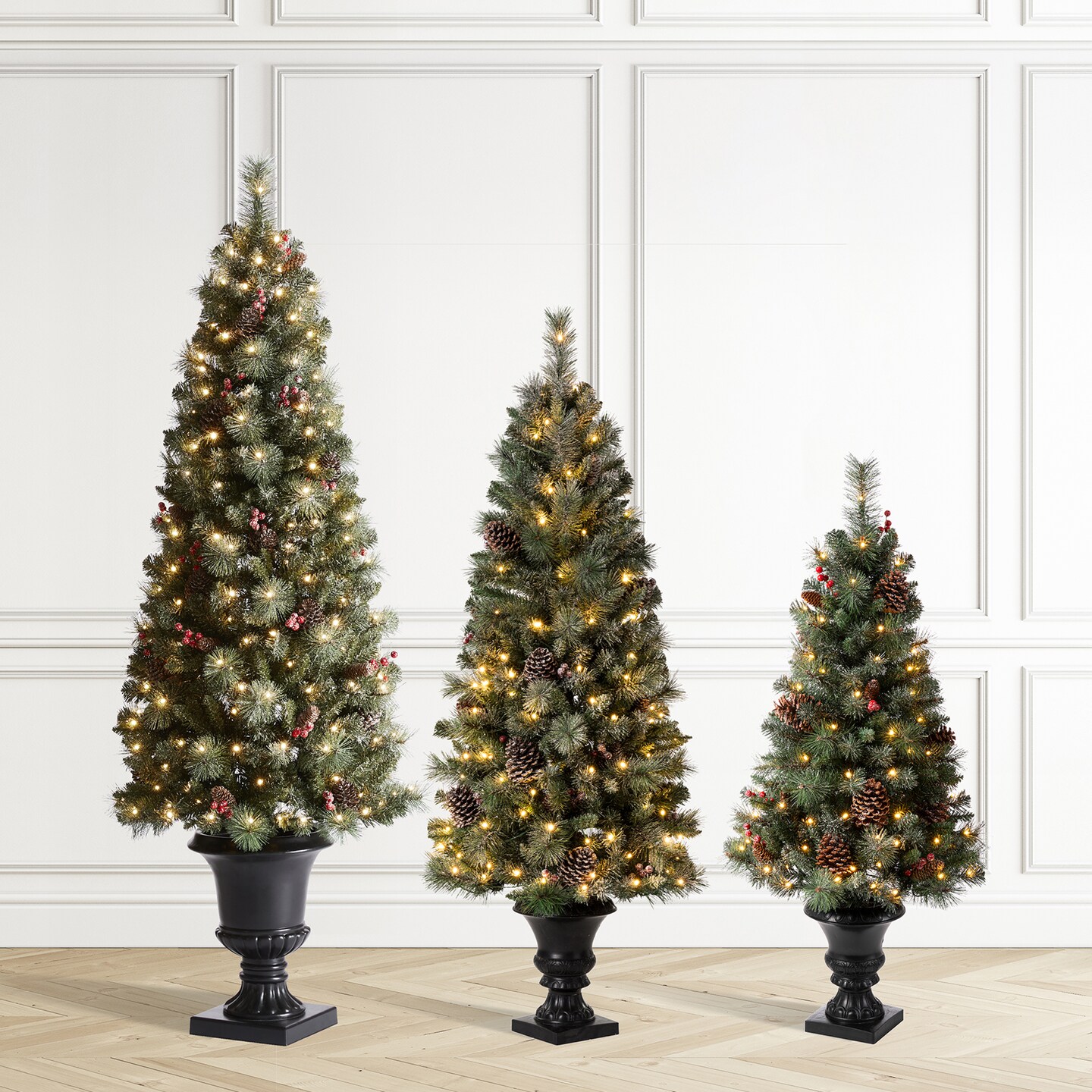 Set of 2/3 4ft/5ft/6ft Flocked Pinecone Christmas Potted Porch Tree With Warm White Lights