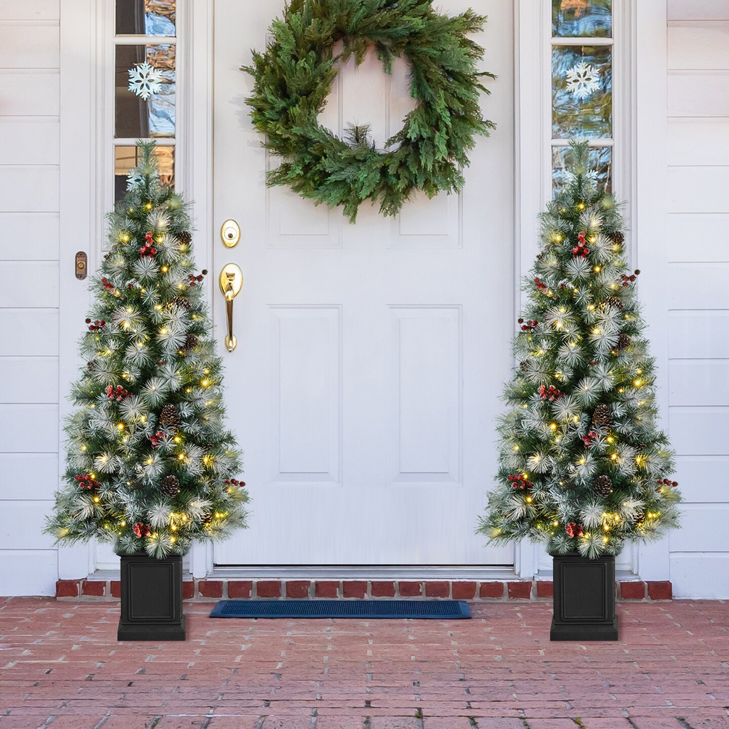 Set of 2/3 4ft/5ft/6ft Pre-Lit Pine Artificial Christmas Porch Tree with Decorative Urn Pot