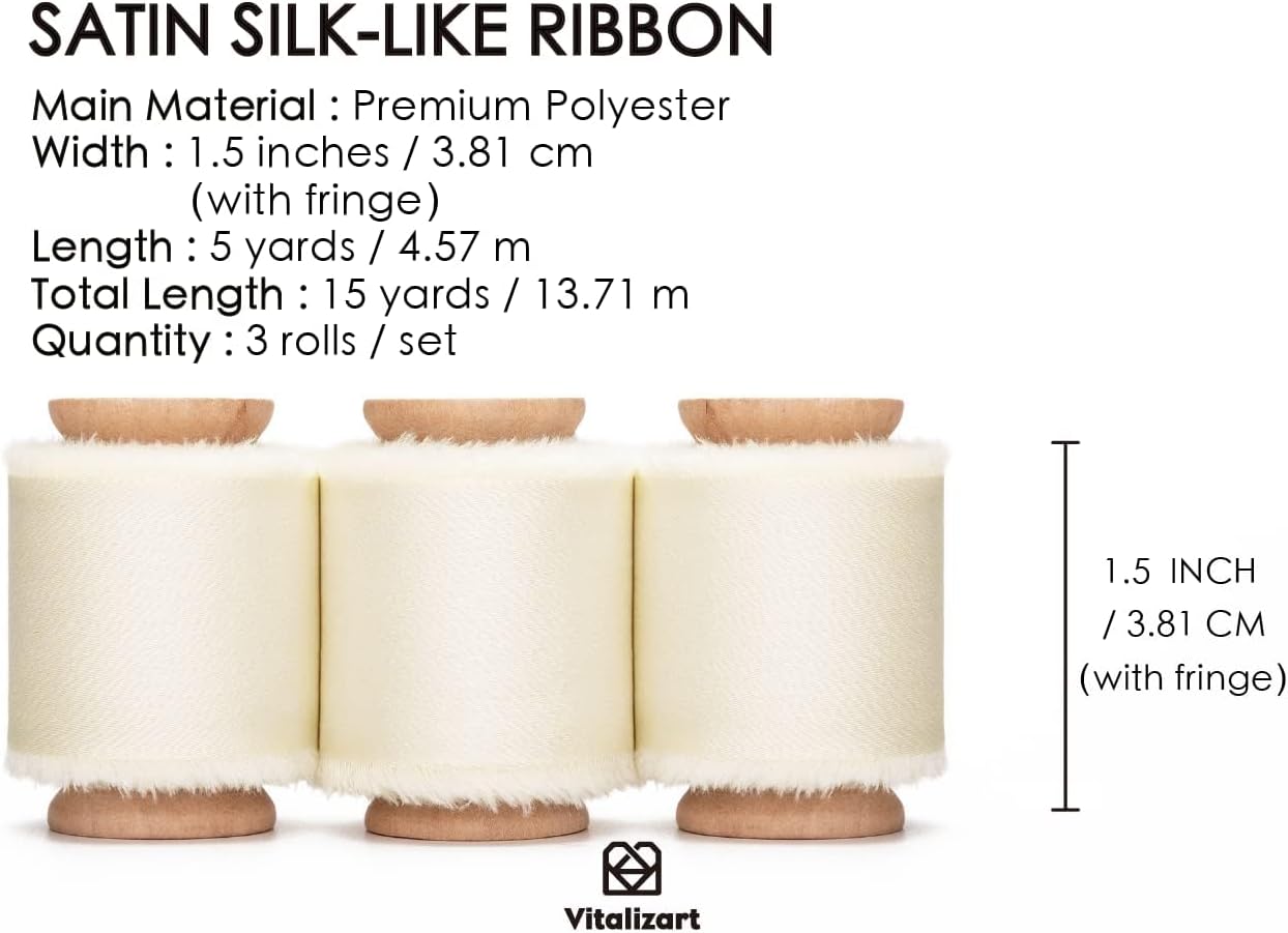 White Silk Satin Ribbon 1-1/2 inch x 15 Ivory Handmade Frayed Ribbons