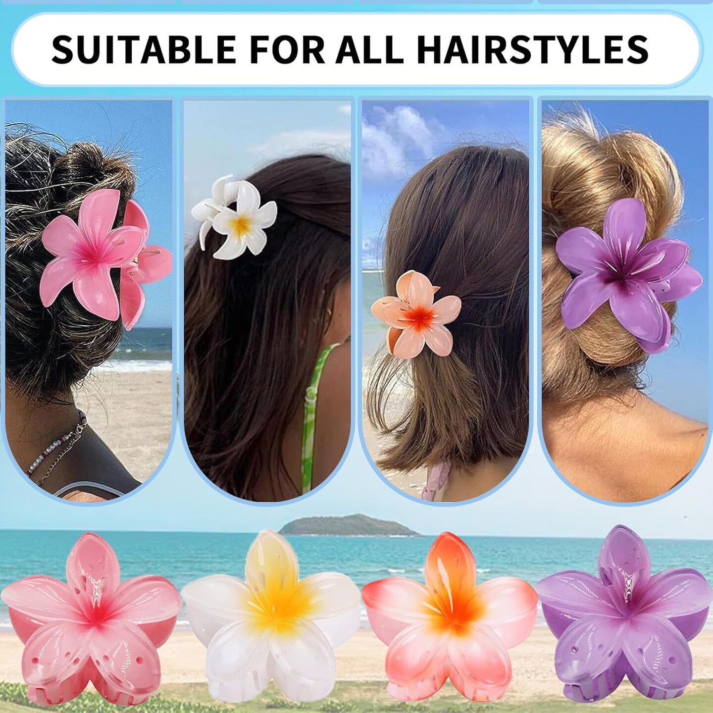 Flower Hair Claw Clips 4-Pack, Hawaiian Plumeria and Tropical Styles Hair Accessories