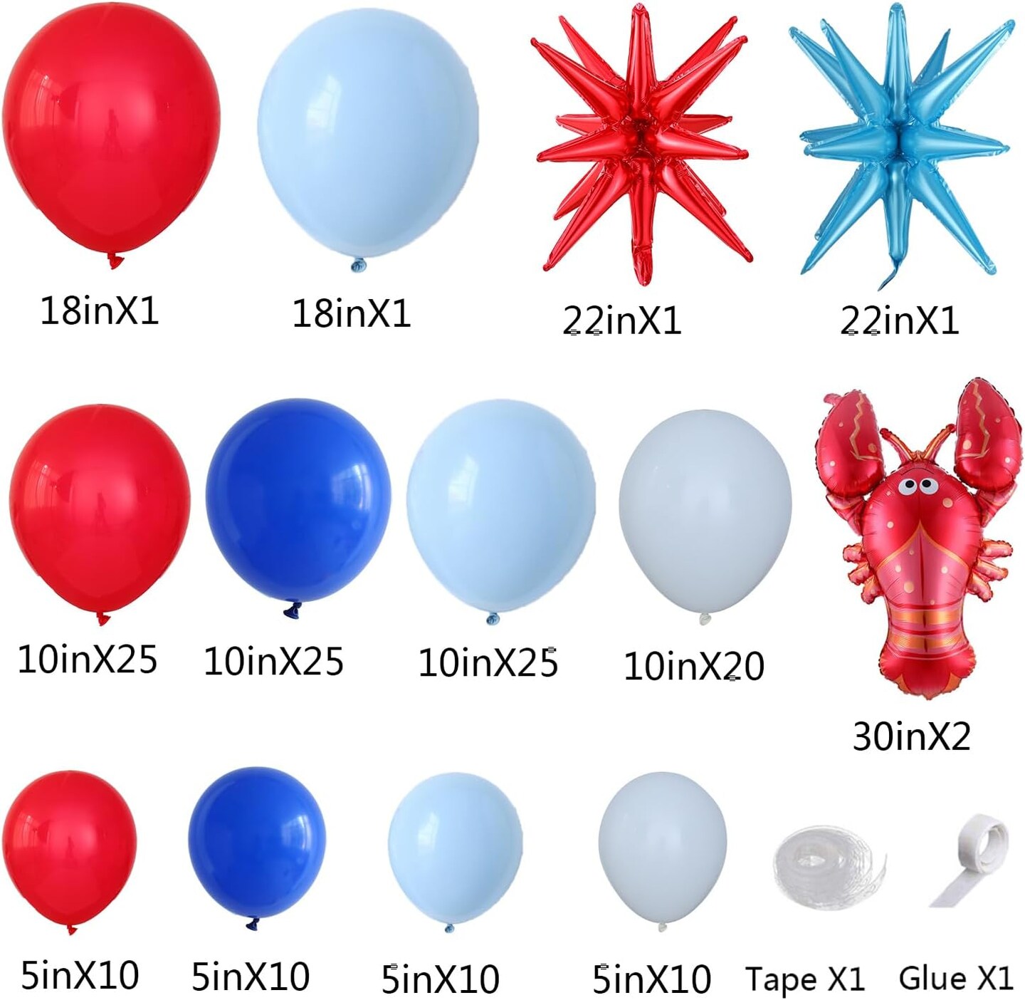 Crawfish Balloon Garland Arch Kit 143Pcs Red Blue White Balloons with Crawfish Lobster Foil Balloons(Red Blue)