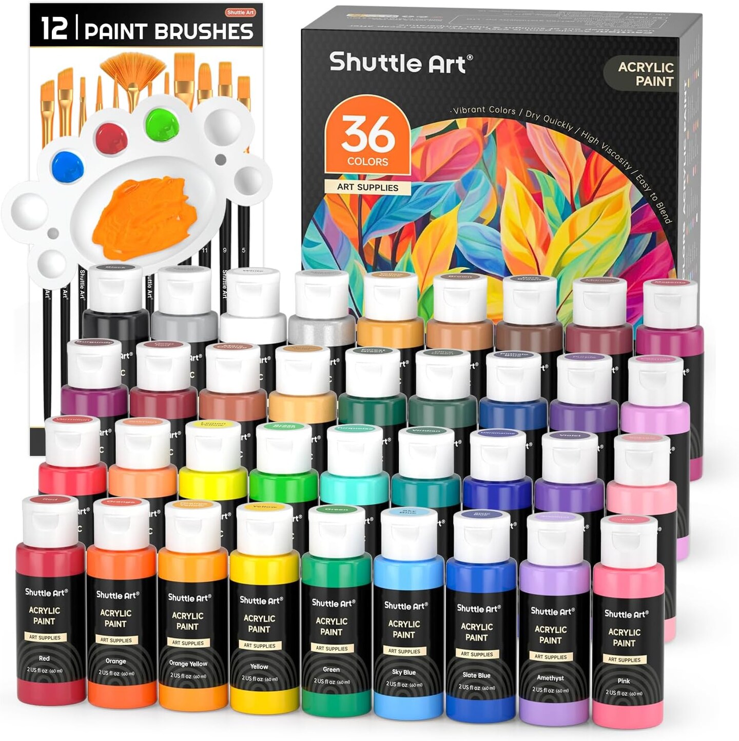 Acrylic Paint Set – 36 Colors with Brushes & Palette, 2 oz / 60 ml Bottles, Rich Pigments, Non-Toxic for Kids & Adults, Ideal for Canvas, Rocks, Ceramic & Wood Painting