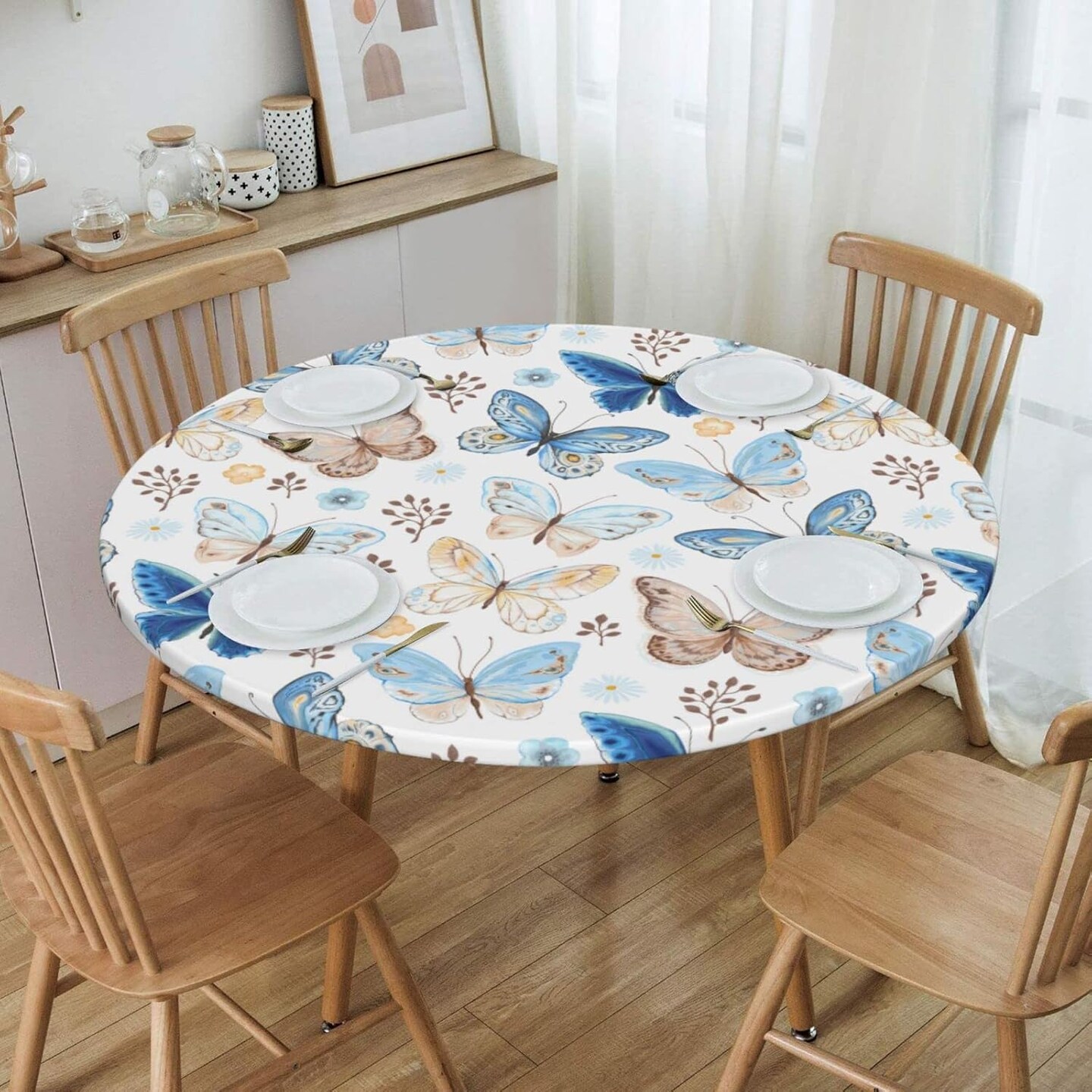 Round Table Cloth Blue Butterfly Tablecloth Elastic Edge Fitted Table Cover