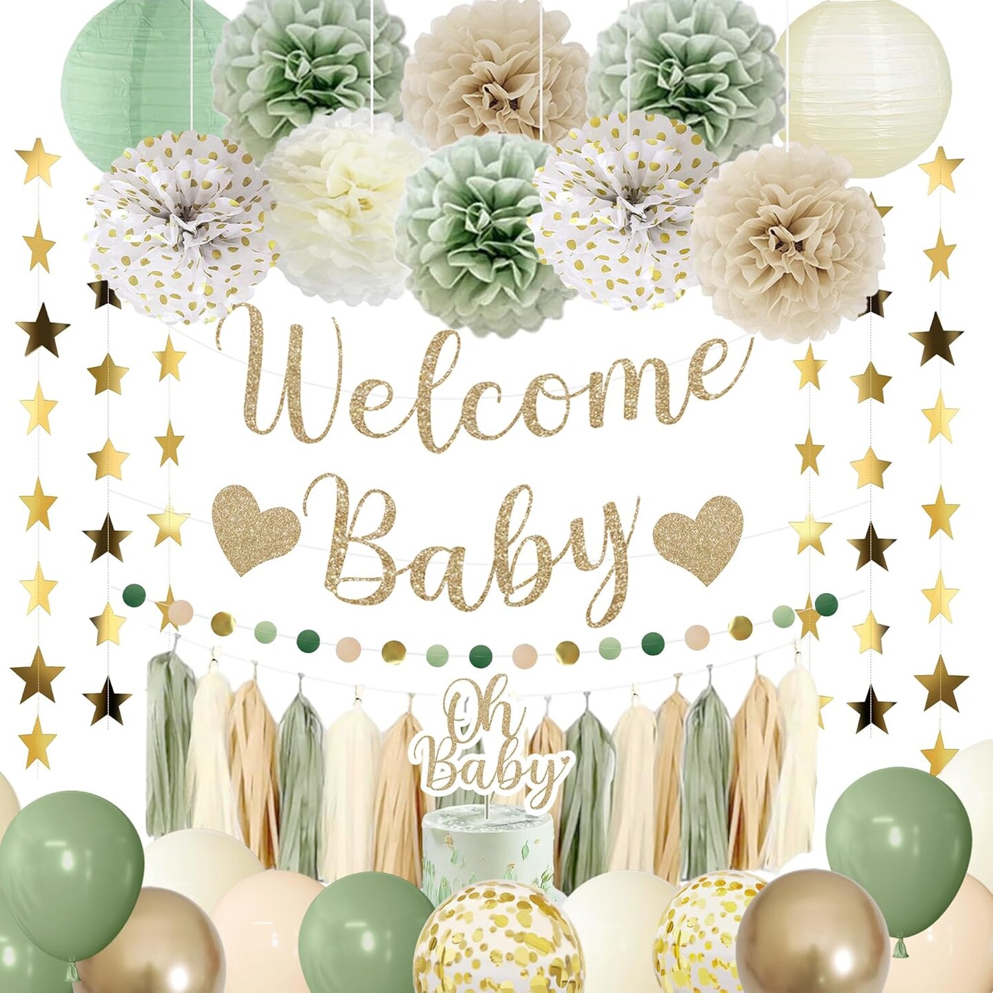 Sage Green Balloons Welcome Baby Banner, Cake Topper, Paper Lanterns, Pom Poms Flowers Tassels, Circle Dots Star Garland