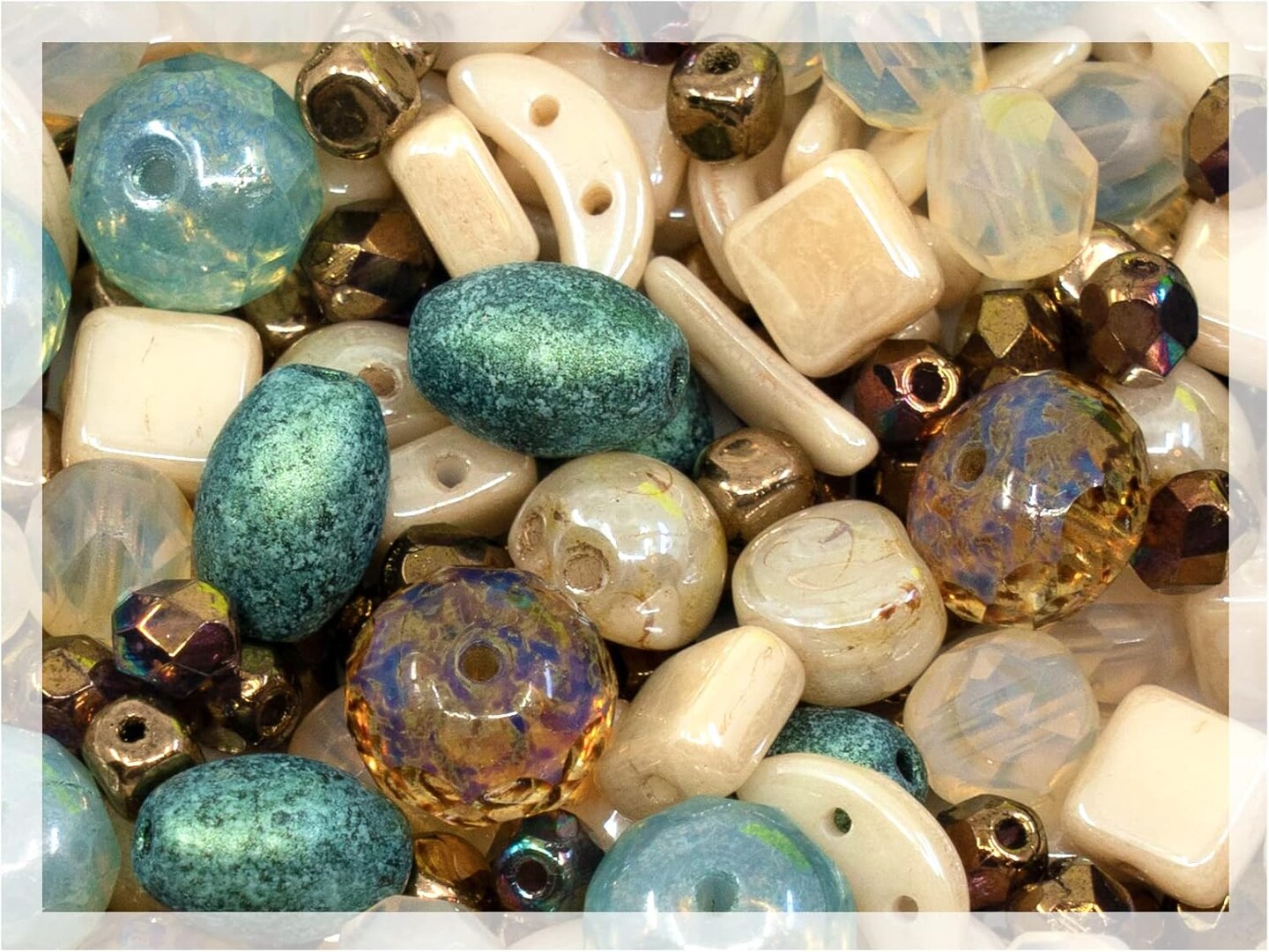 Mix of Unique Czech Bohemia Glass Pressed Beads, Matte and Glossy, Hand Made, Beige Blue Luster