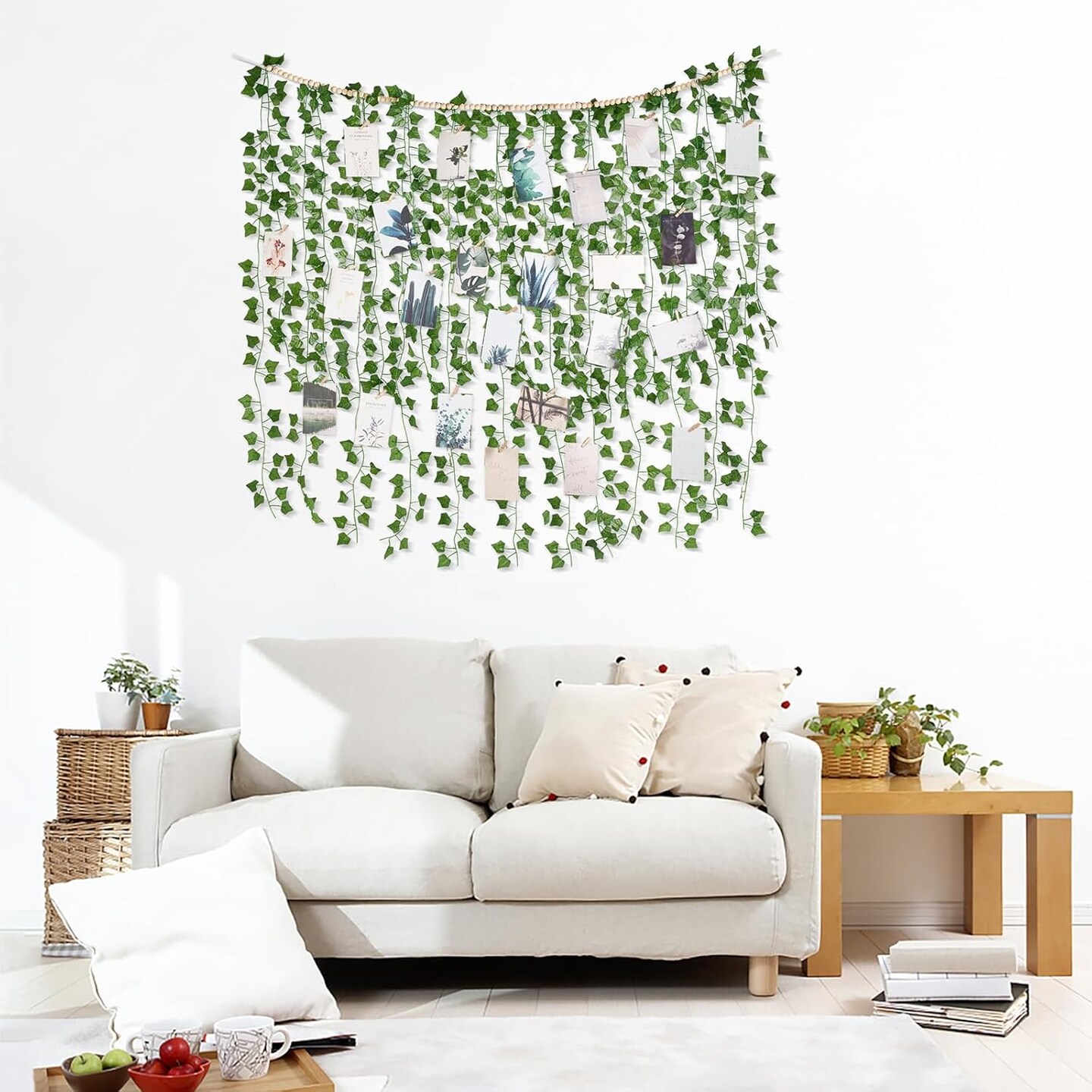 Hanging Fake Vines for Bedroom Wall Decor Artificial Plant Leaves with Wood Beads