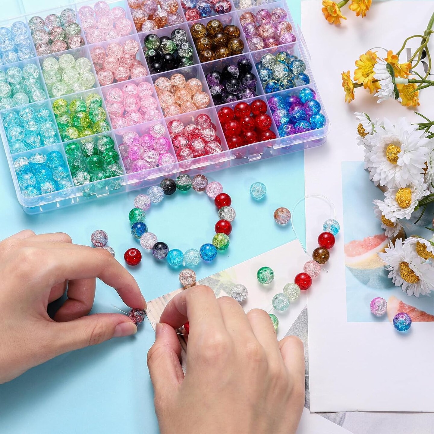 408 Pcs 10mm Crackle Glass Beads for Jewelry Making Crafts DIY, 24 Colors