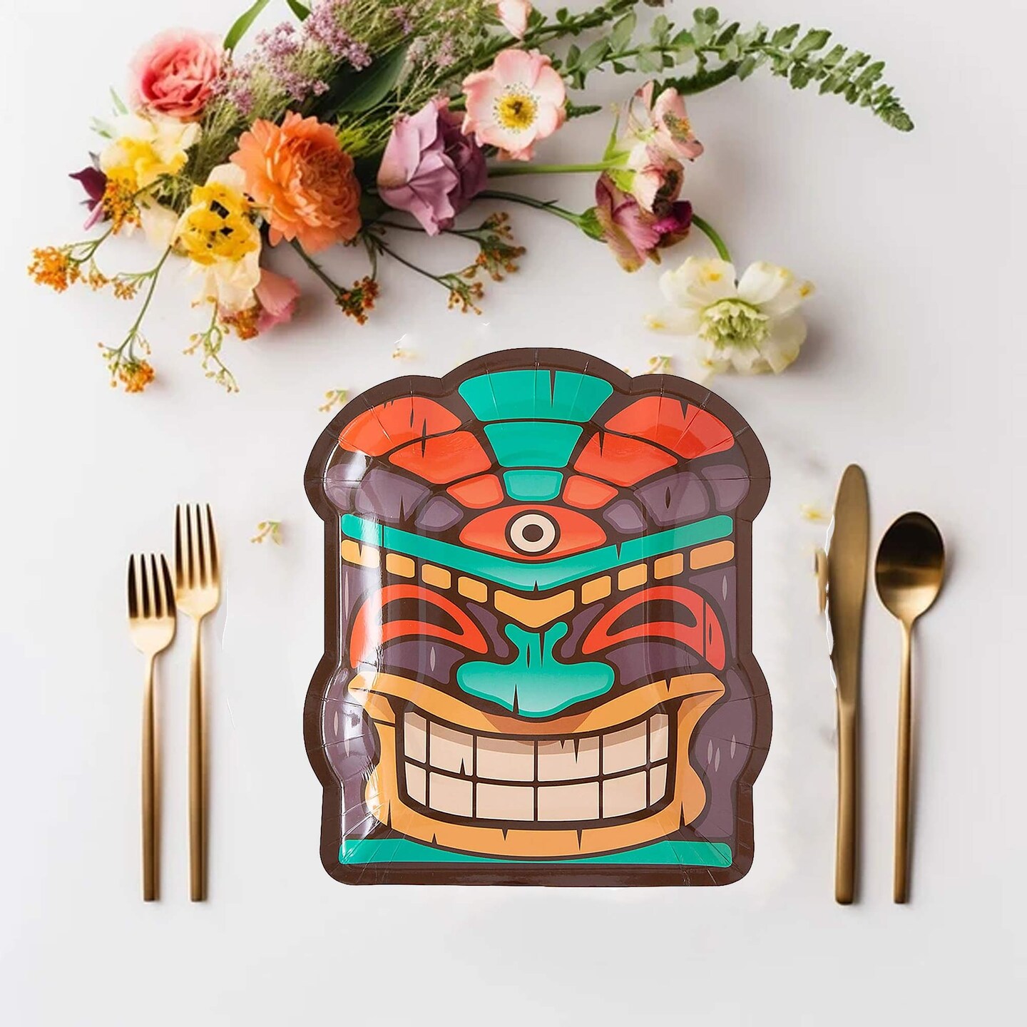 8 Count Tiki Mask Shaped Paper Dessert Plates 7x8 Inch Disposable Party Tableware for Luau Tropical Party