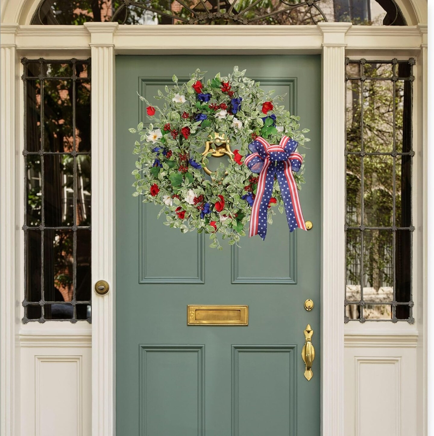 22 Inch Memorial Day Decorations Patriotic American Flag Wreath with Greenery