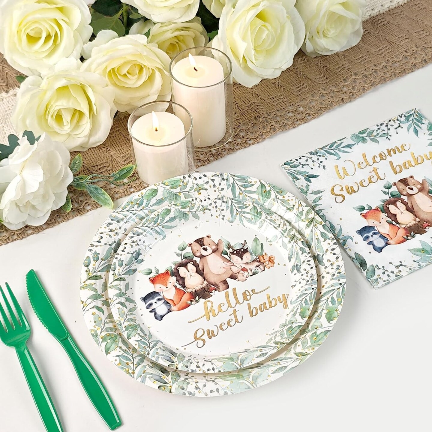 150 PCS Woodland Baby Shower Plates Set Decorations - Woodland Animals Paper Plate Cups and Napkins Disposable Tableware Woodland Theme