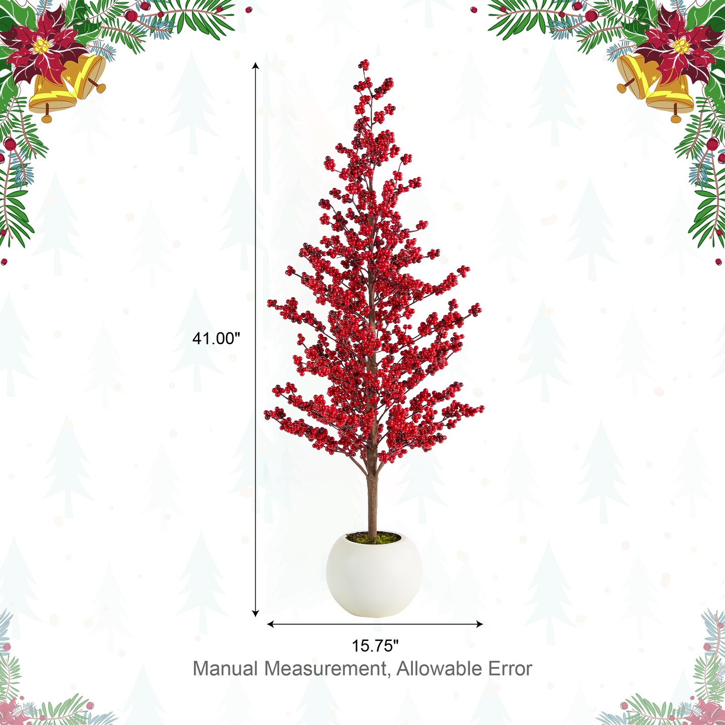 Set of 5 Christmas Red Berries 41"H Porch Tree & 6ft Garland & 25"D/14"D Wreath Set