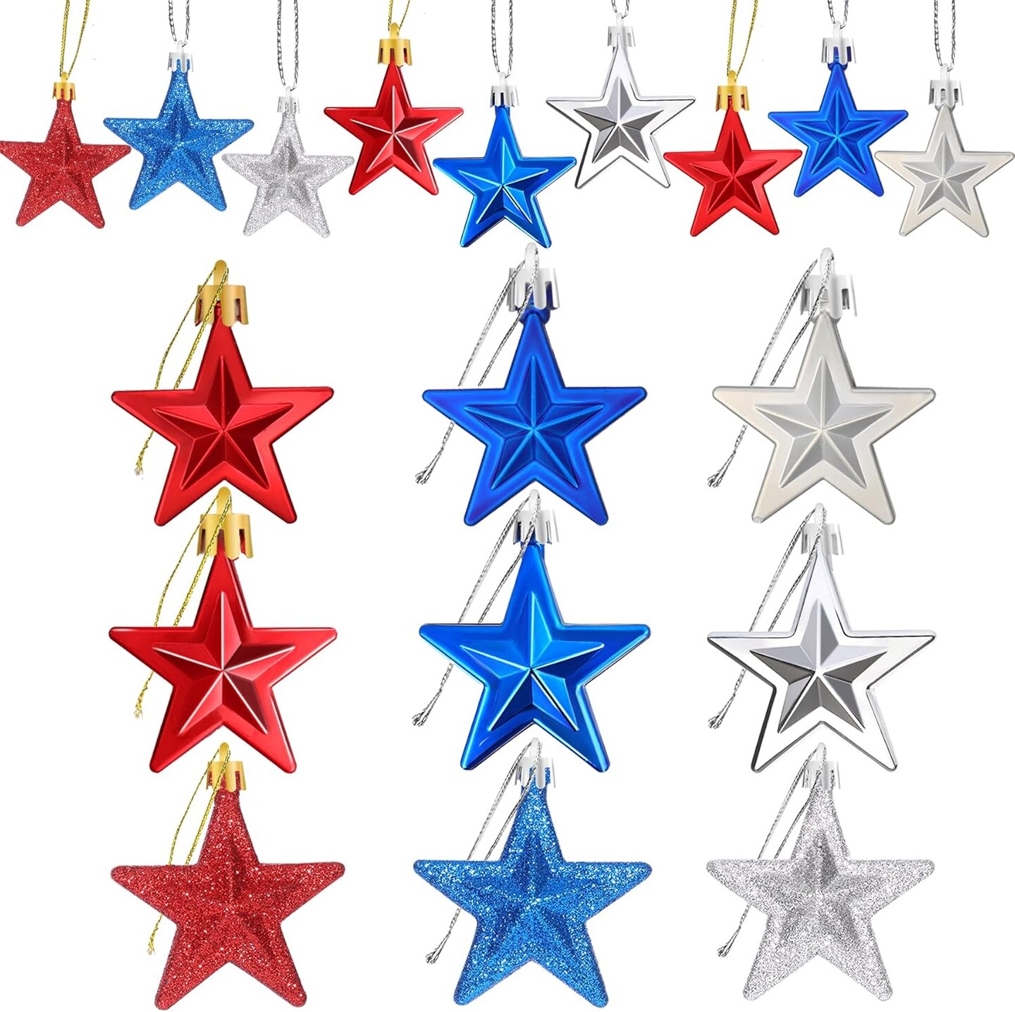 36Pcs Patriotic Star Ornaments Memorial Day Independence Day Labor Day Veterans Day Decorations for Home Party Christmas Tree Decor, Blue Red and Silver