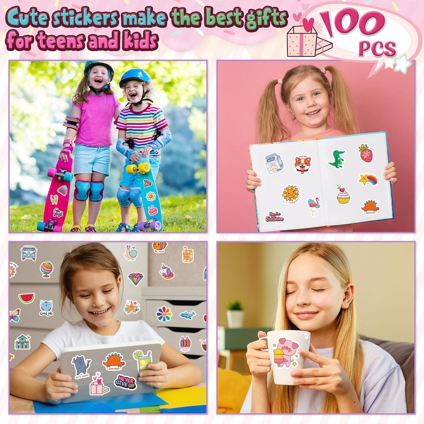 100 PCS Water Bottle Stickers for Kids, Cute Sticker for Girls,Waterproof Vinyl Kawaii Stickers