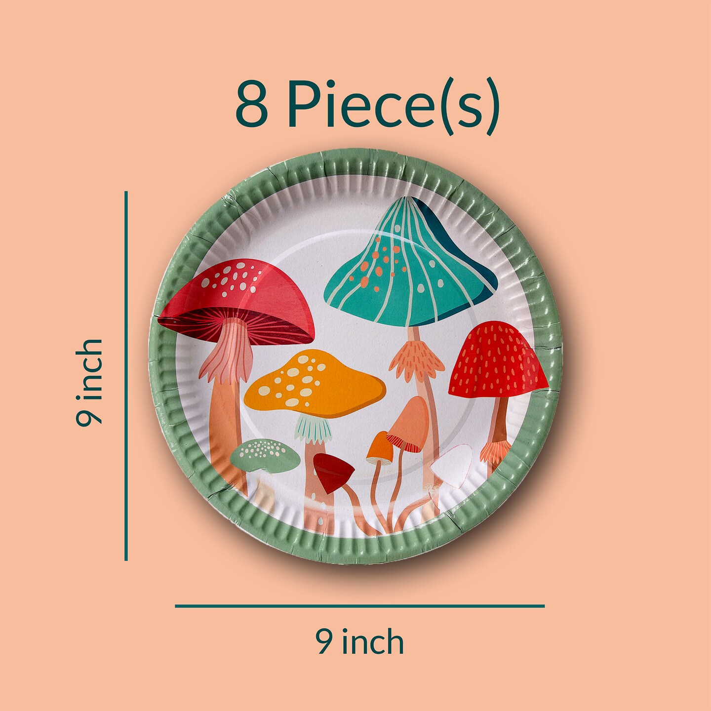 8 Ct. Mushroom Party Disposable Paper Dinner Plates with Green Trim Fun Forest Theme Tableware 9"