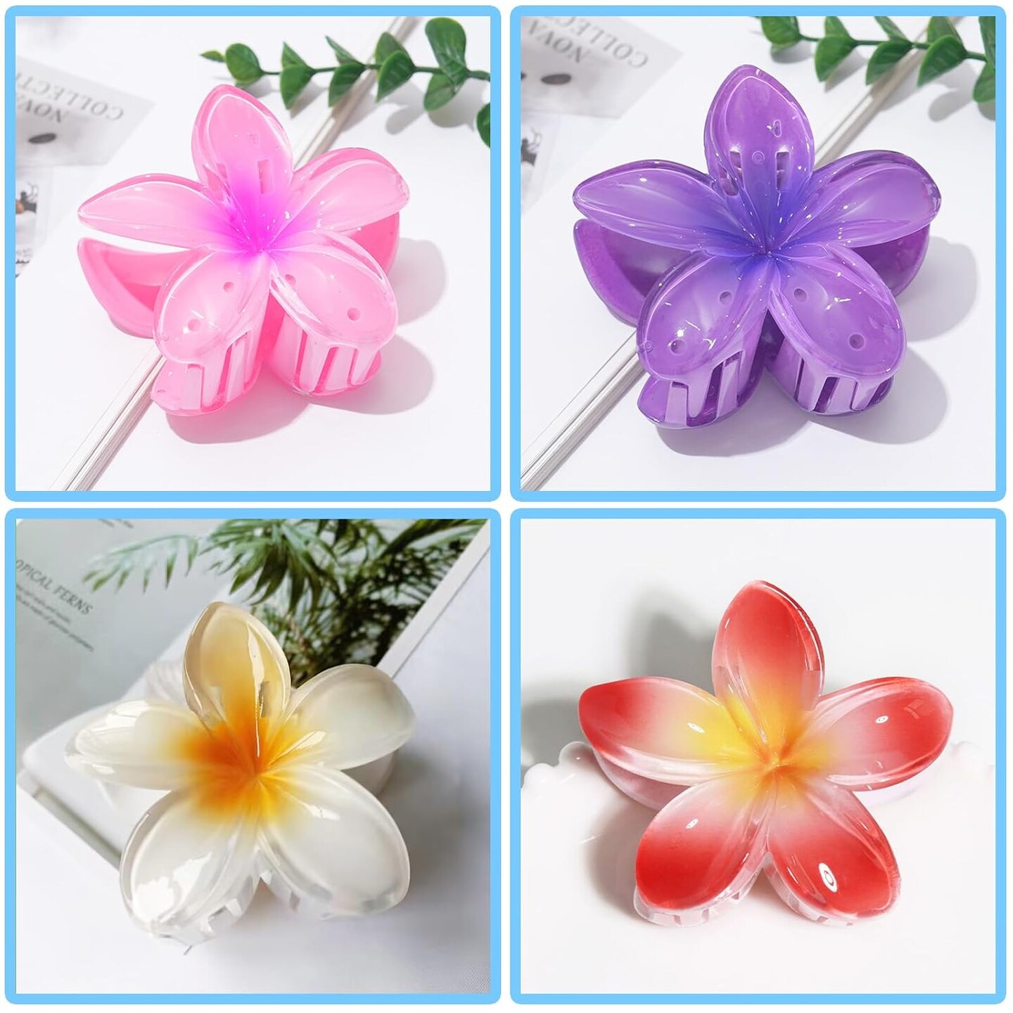 Flower Hair Claw Clips 4-Pack, Hawaiian Plumeria and Tropical Styles Hair Accessories