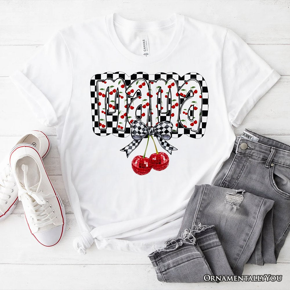 Checkered Cherry Disco Mama T-Shirt, White and Natural Coquette Bow Tee for Trendy Mothers