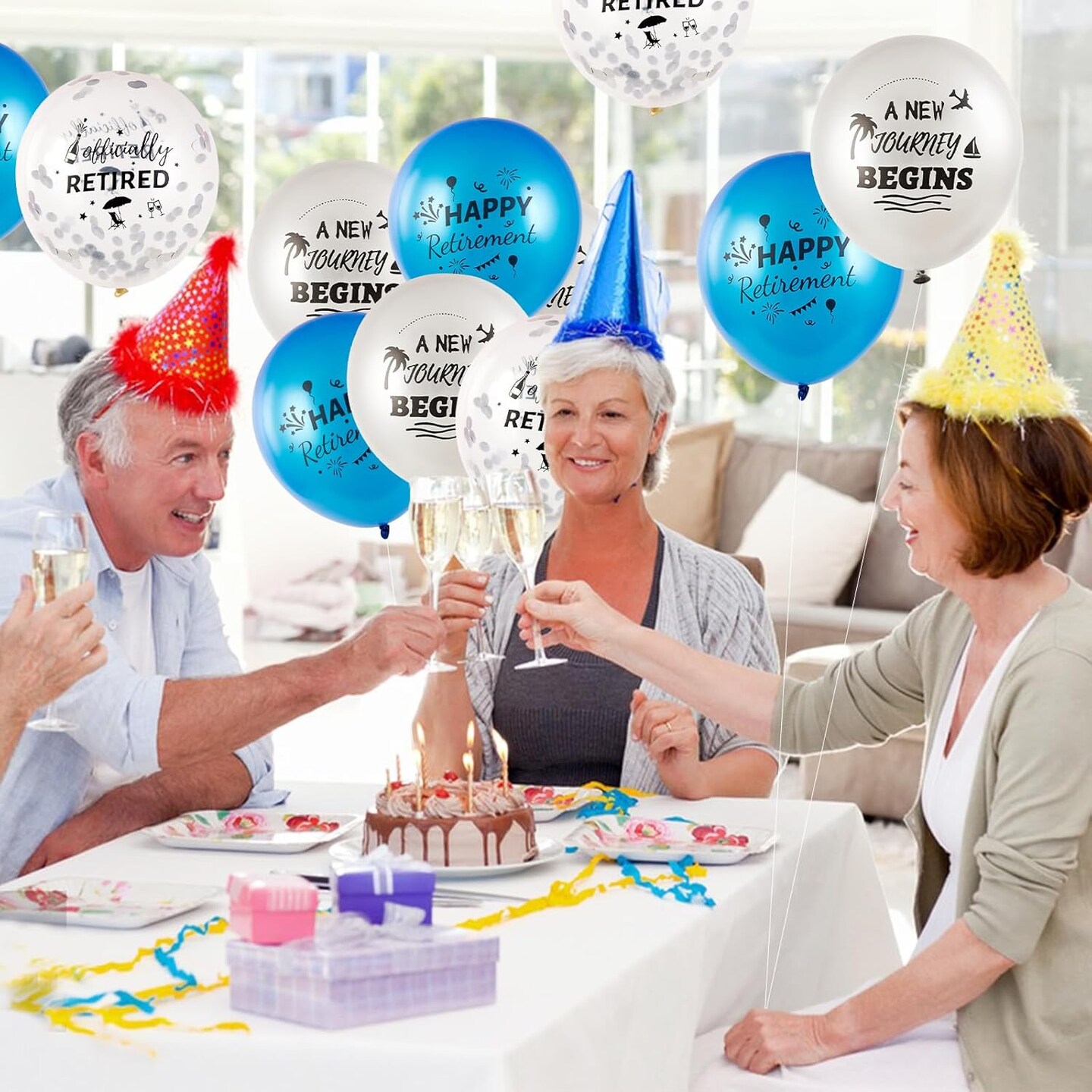 18 Pcs Happy Retirement Balloons With Pattern 12 Inch Blue and White Retirement Latex Sequin Balloons