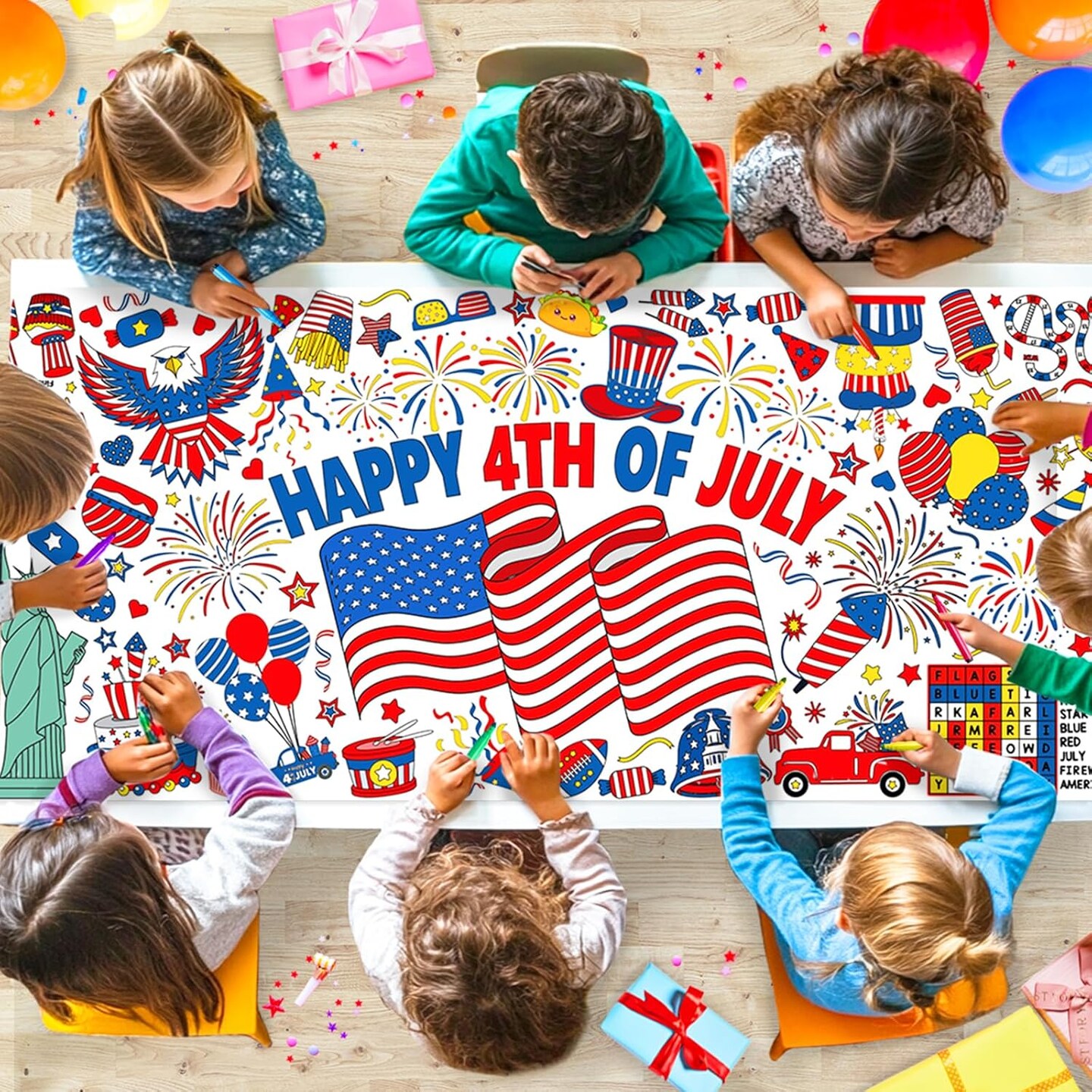 4th of July Coloring Tablecloth Poster Art and Crafts for Kids, Paper Coloring Banner