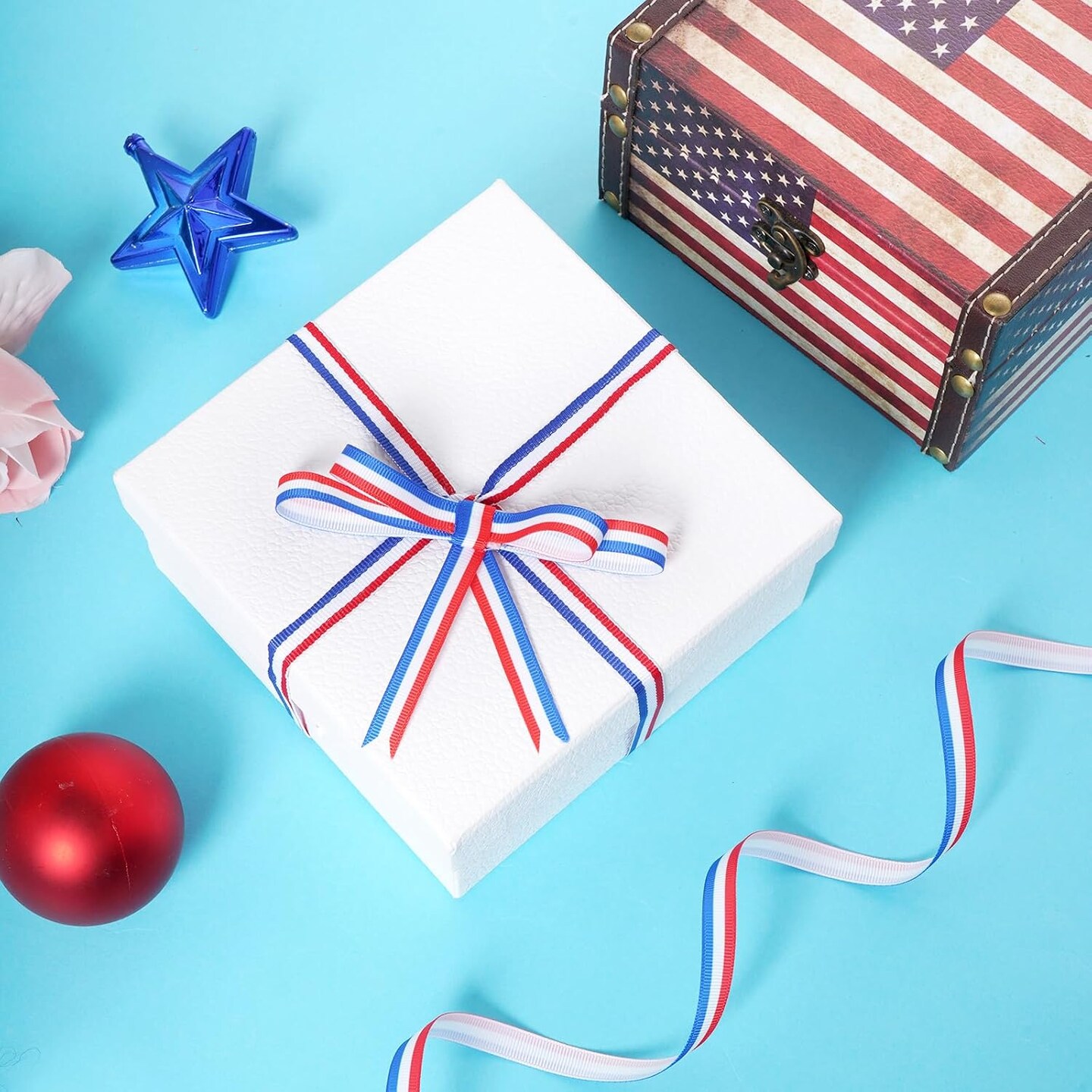 6 Rolls Patriotic Grosgrain Ribbon 4th of July Ribbons with Red White Blue Patriotic Stars Polka Dot Stripes