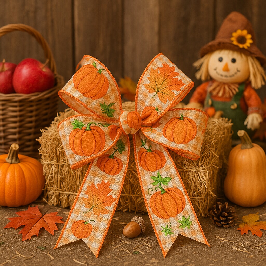 Designer’s Shop WR 63-5094 2.5” x 10 yard Autumn Festival Pumpkins plaid wired edge ribbons