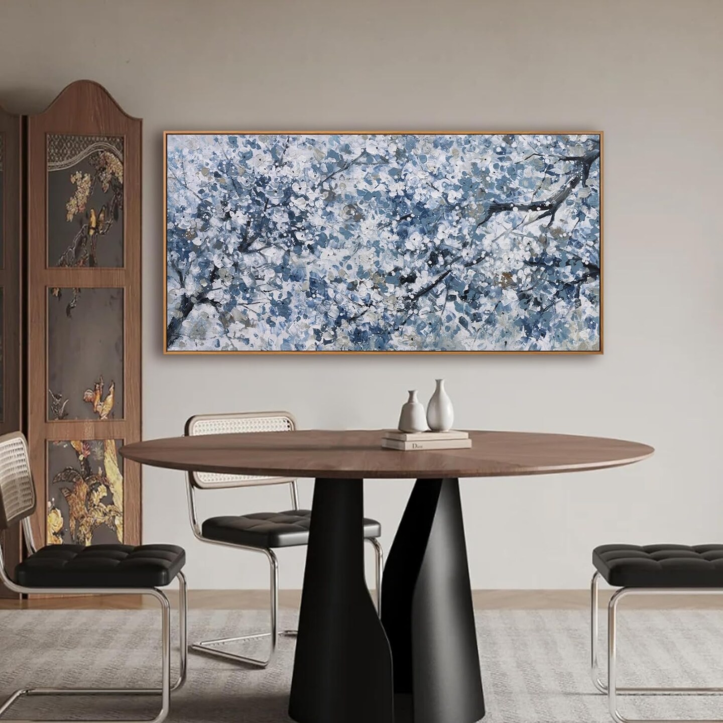 Canvas Wall Art Oil Painting Dark Blue And White Abstract Flower Tree Plants Wall Decor Pictures