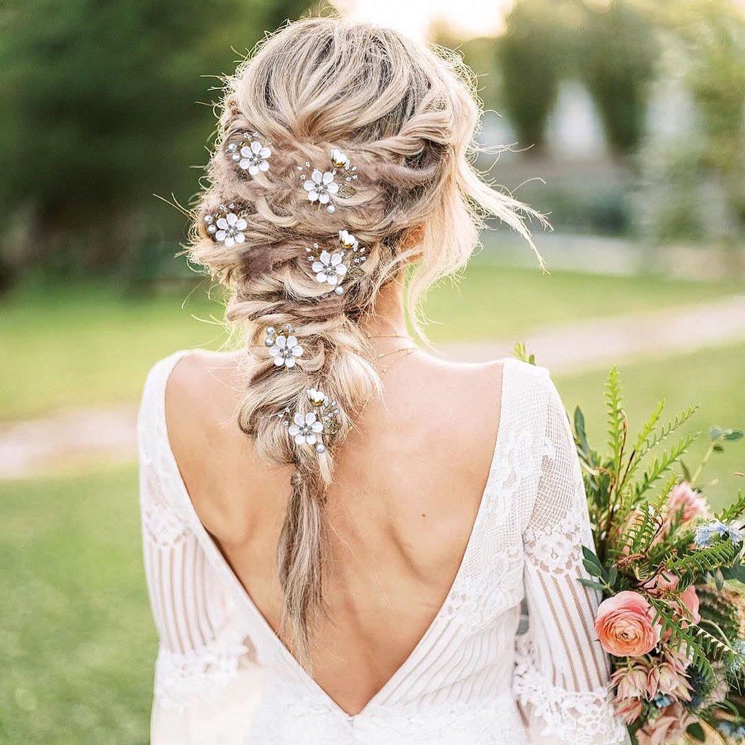 6 PCS Crystal Pearl Flower Hair Clips with Rhinestone (Pure White Flower)