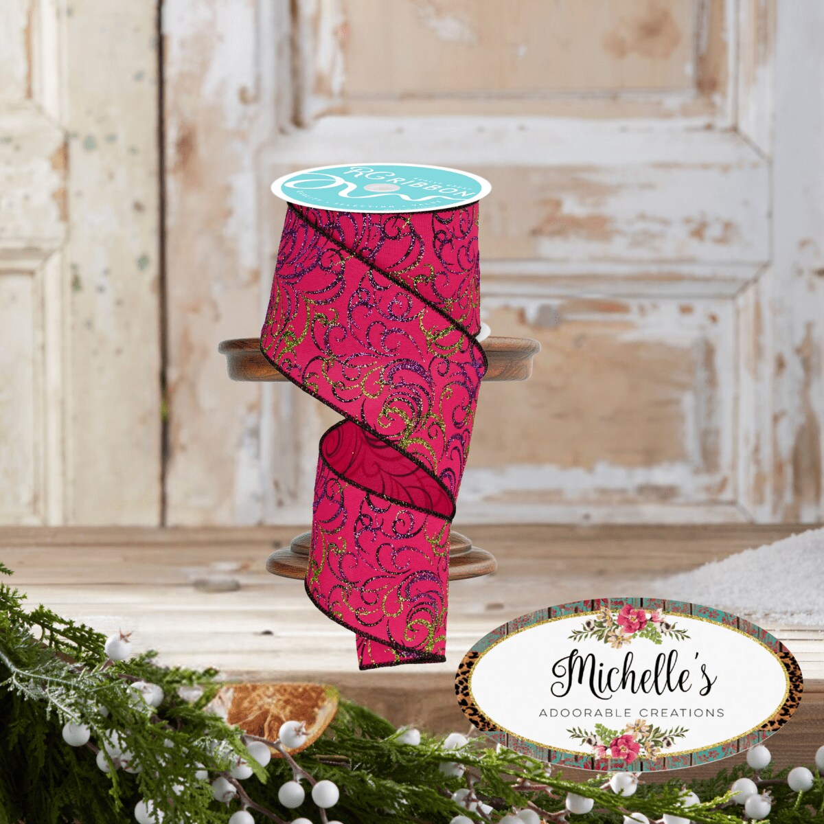2.5&#x22; Multi Swirls Glitter Ribbon: Hot Pink/Lime/Black (10 Yard)