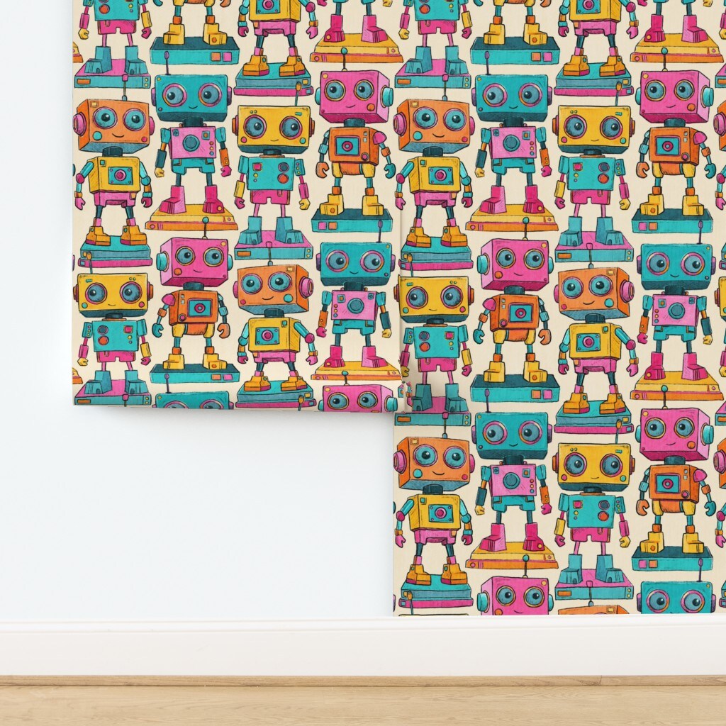 Retro Vintage Toy Robot Kids Room Playroom Playful Colorful Novelty Hand Drawn Blue Pink Yellow Large Scale Toys Happy Cheerful Games Sci Fi Custom Pre-pasted Wallpaper by Spoonflower Pre-Pasted Wallpaper 2FT Wide