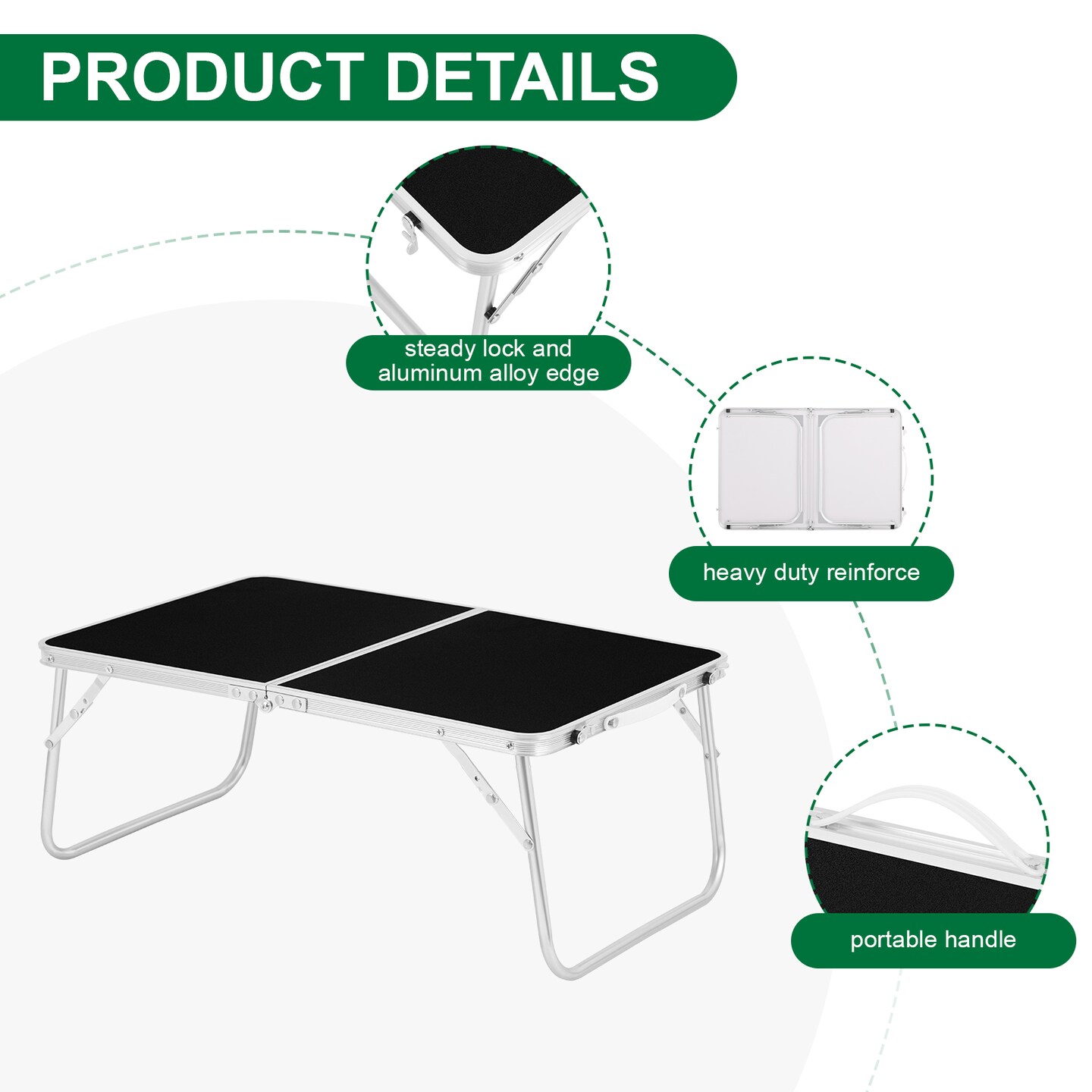 5-Second Setup Portable Aluminum Alloy Folding Table with Steady Lock, Heavy-Duty Reinforcement & Carrying Handle - 23.6" L x 15.7" W x 9.8" H