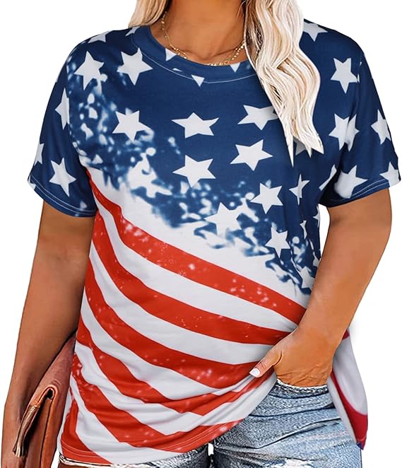Plus Size American Flag Shirt Women 4th of July Tee Shirt USA Stars Stripes T-Shirt