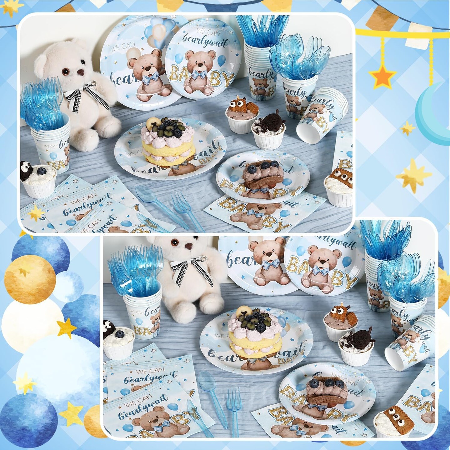 350 Bear Baby Shower Decorations for 50 Guests Include Paper Plate, Napkin, Cup and Disposable Plastic Tableware(Blue)